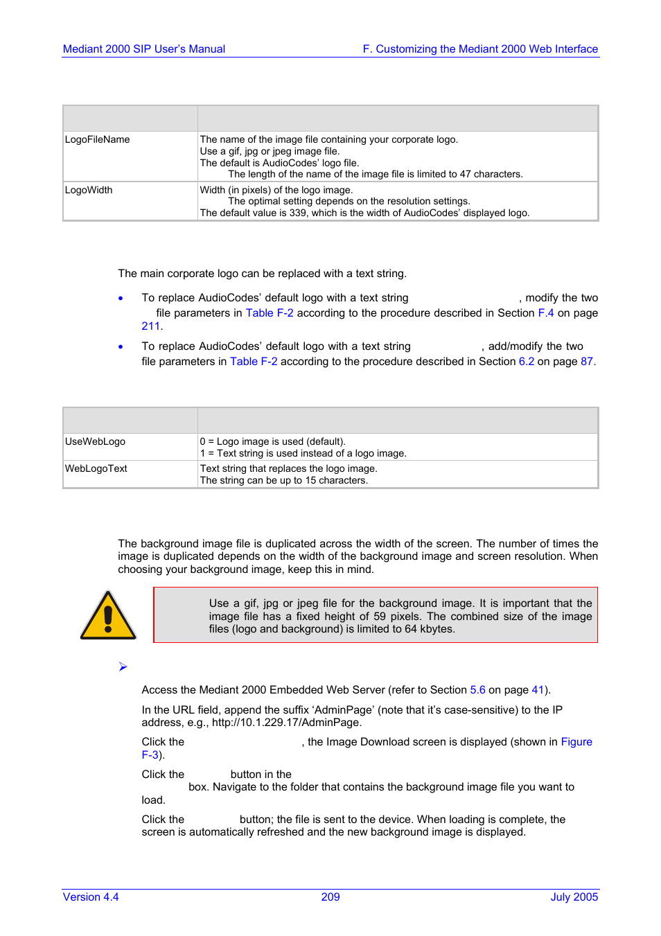 Replacing the background image file, F.1.2, Table f-1: customizable logo ini file parameters | F.2 replacing the background image file | Nortel Networks Mediant TP-1610 SIP User Manual | Page 209 / 280