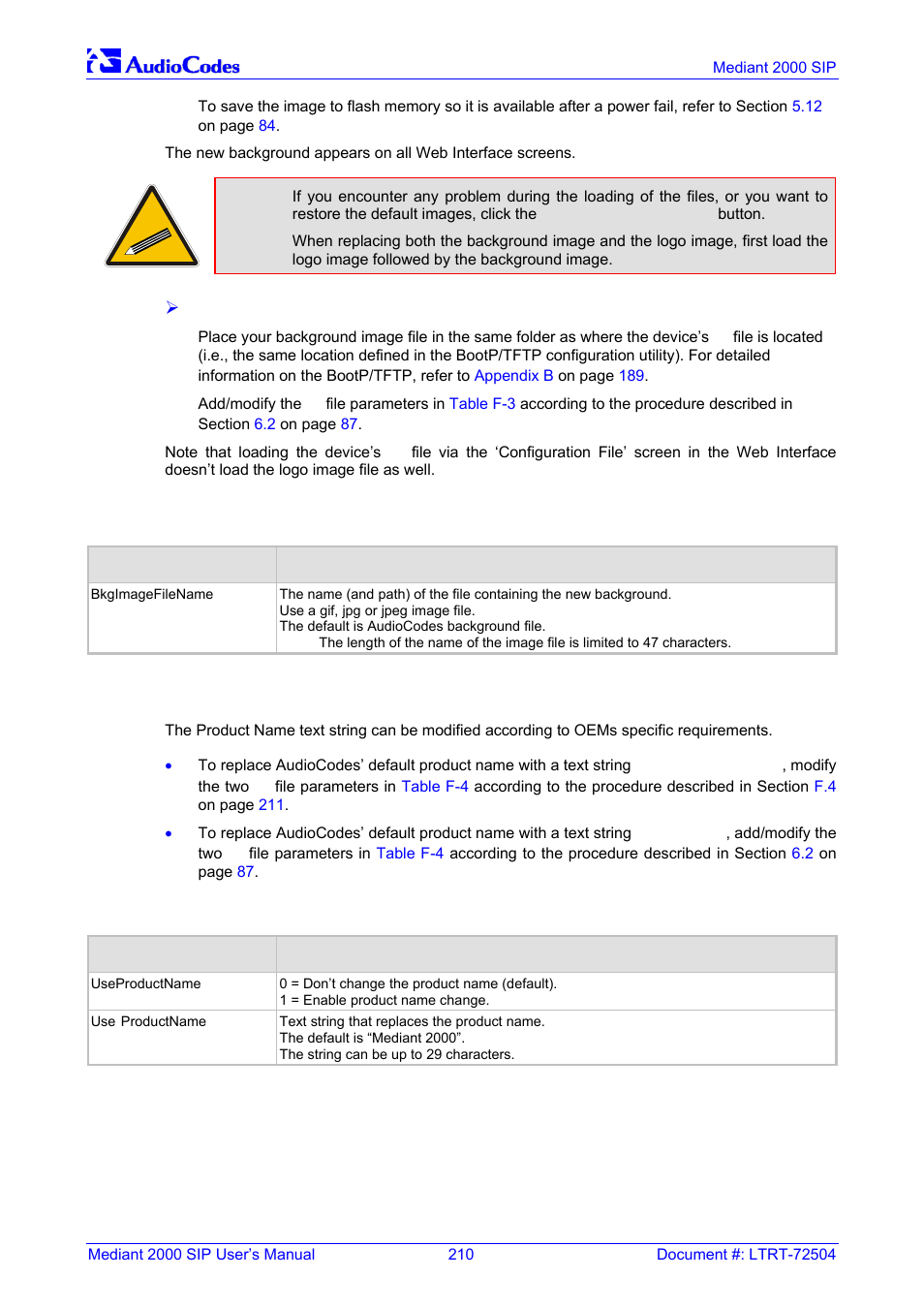 Customizing the product name, Table f-3: customizable logo ini file parameters, F.3 customizing the product name | Nortel Networks Mediant TP-1610 SIP User Manual | Page 210 / 280