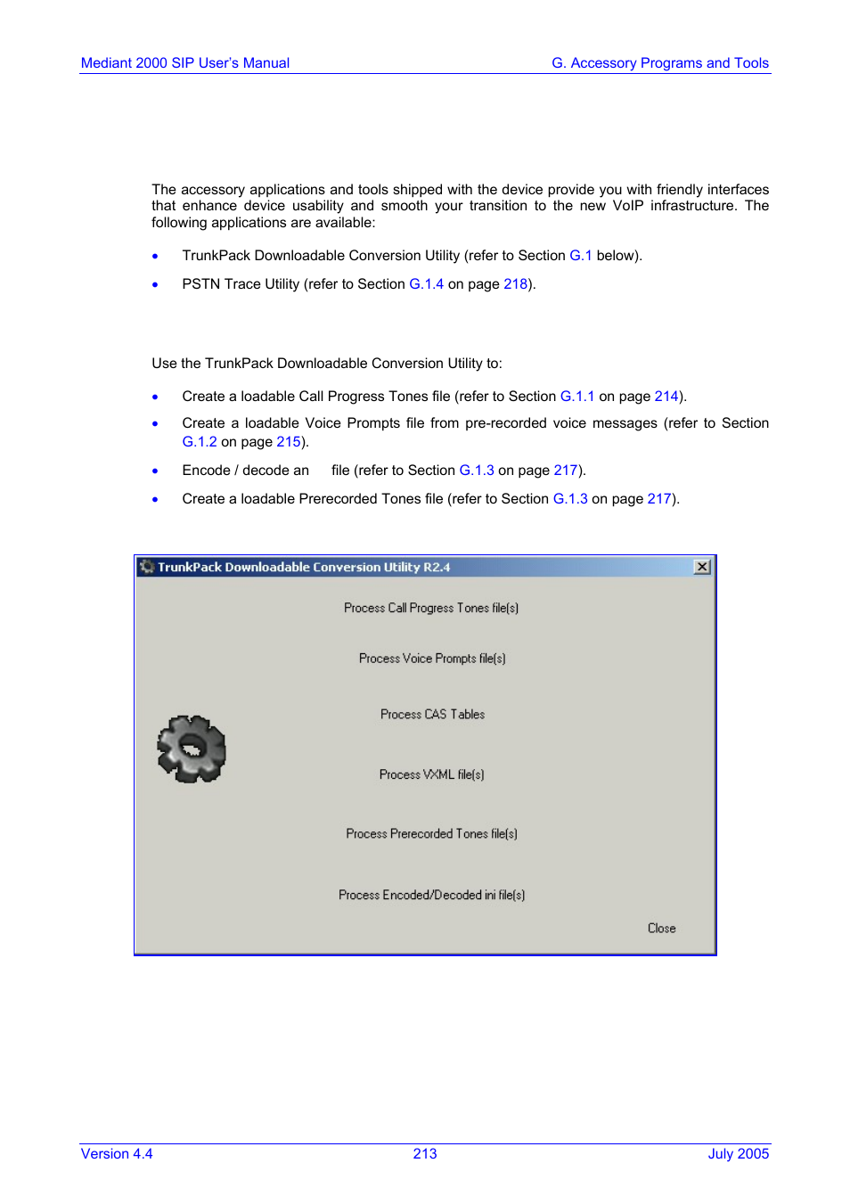 G. accessory programs and tools, Trunkpack downloadable conversion utility, Appendix g | Accessory programs and tools, Appendix g accessory programs and tools, G.1 trunkpack downloadable conversion utility | Nortel Networks Mediant TP-1610 SIP User Manual | Page 213 / 280