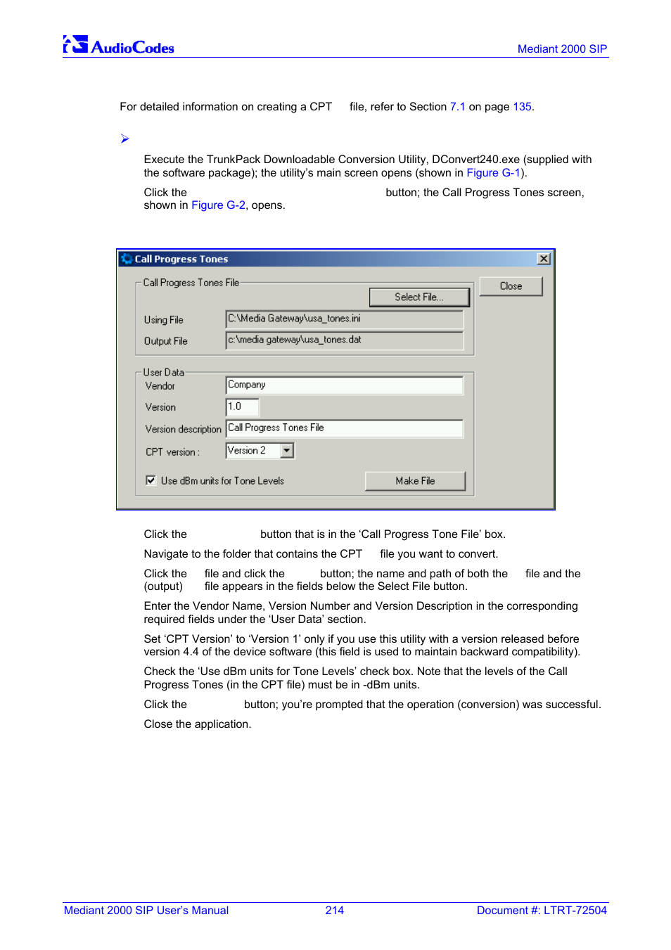 Converting a cpt ini file to a binary dat file, G.1.1, Figure g-2: call progress tones conversion screen | On pag | Nortel Networks Mediant TP-1610 SIP User Manual | Page 214 / 280