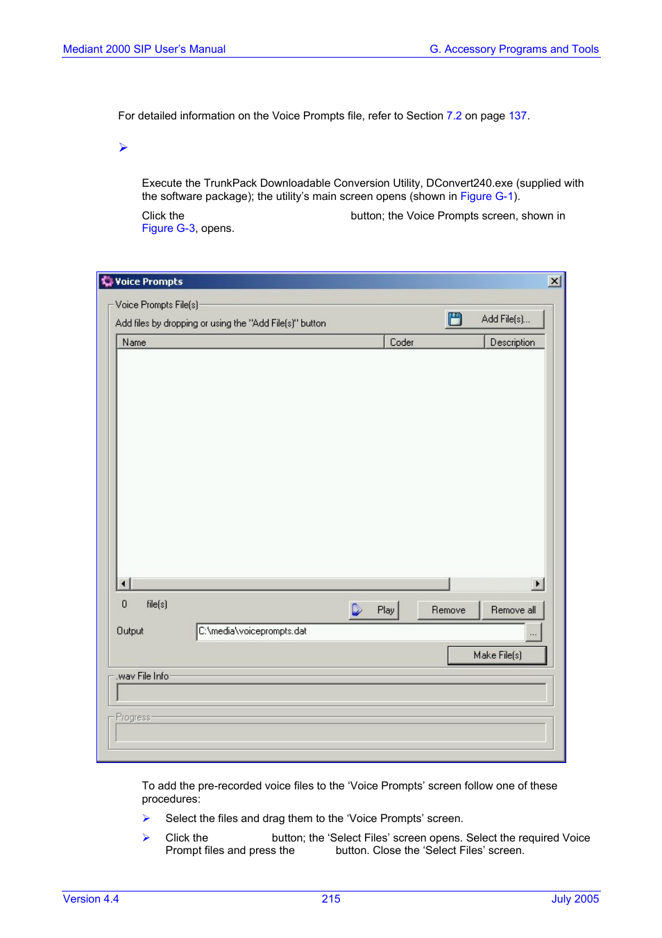 Creating a loadable voice prompts file, G.1.2, Figure g-3: voice prompts screen | On pag, G.1.2 creating a loadable voice prompts file | Nortel Networks Mediant TP-1610 SIP User Manual | Page 215 / 280