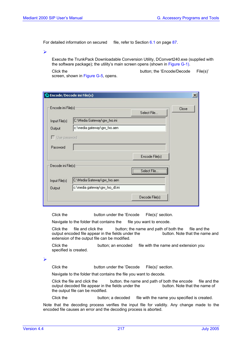 Encoding / decoding an ini file, G.1.3, Figure g-5: encode/decode ini file(s) screen | G.1.3 encoding / decoding an ini file | Nortel Networks Mediant TP-1610 SIP User Manual | Page 217 / 280