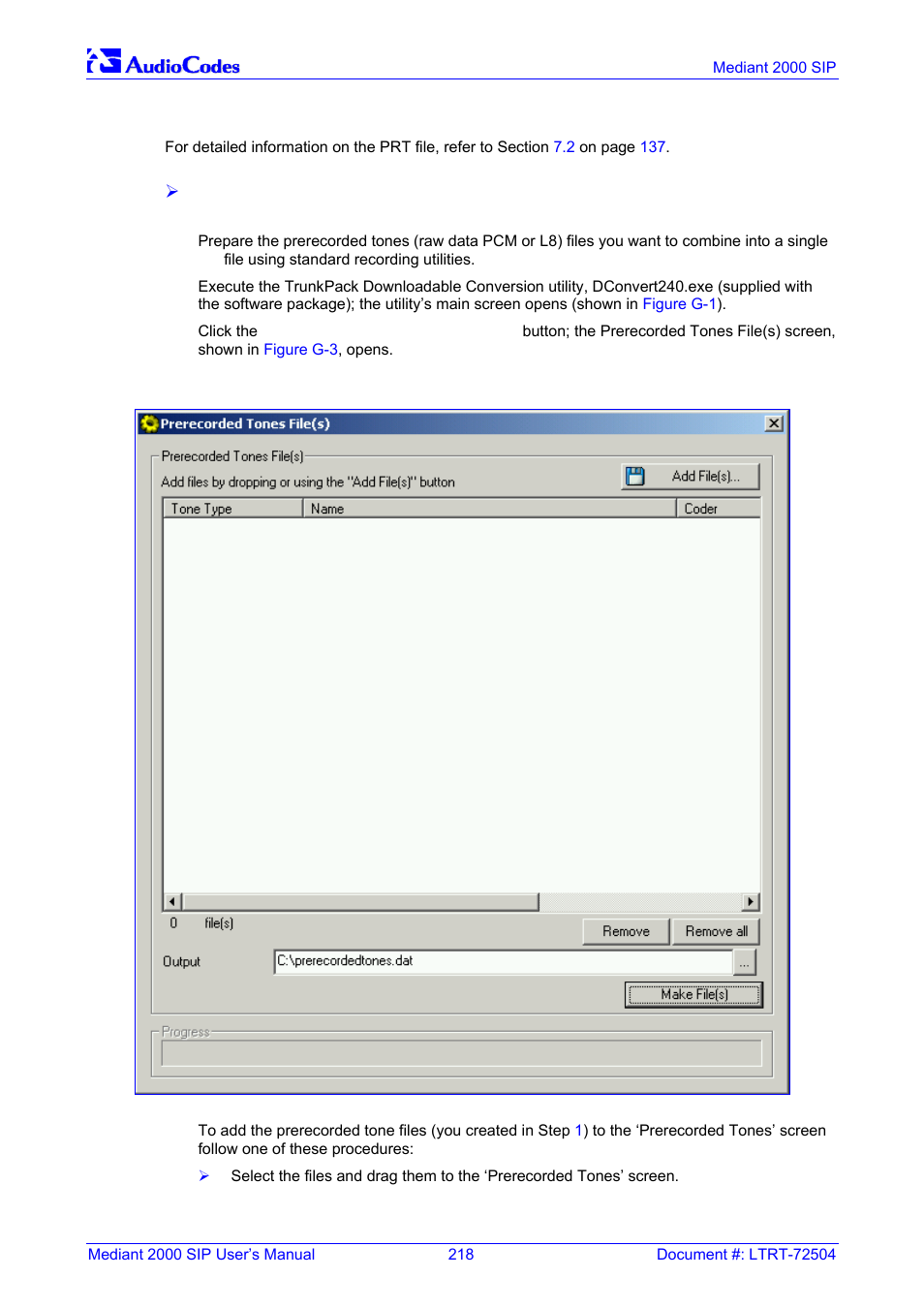 Creating a loadable prerecorded tones file, G.1.4, Figure g-6: prerecorded tones screen | G.1.4 creating a loadable prerecorded tones file | Nortel Networks Mediant TP-1610 SIP User Manual | Page 218 / 280