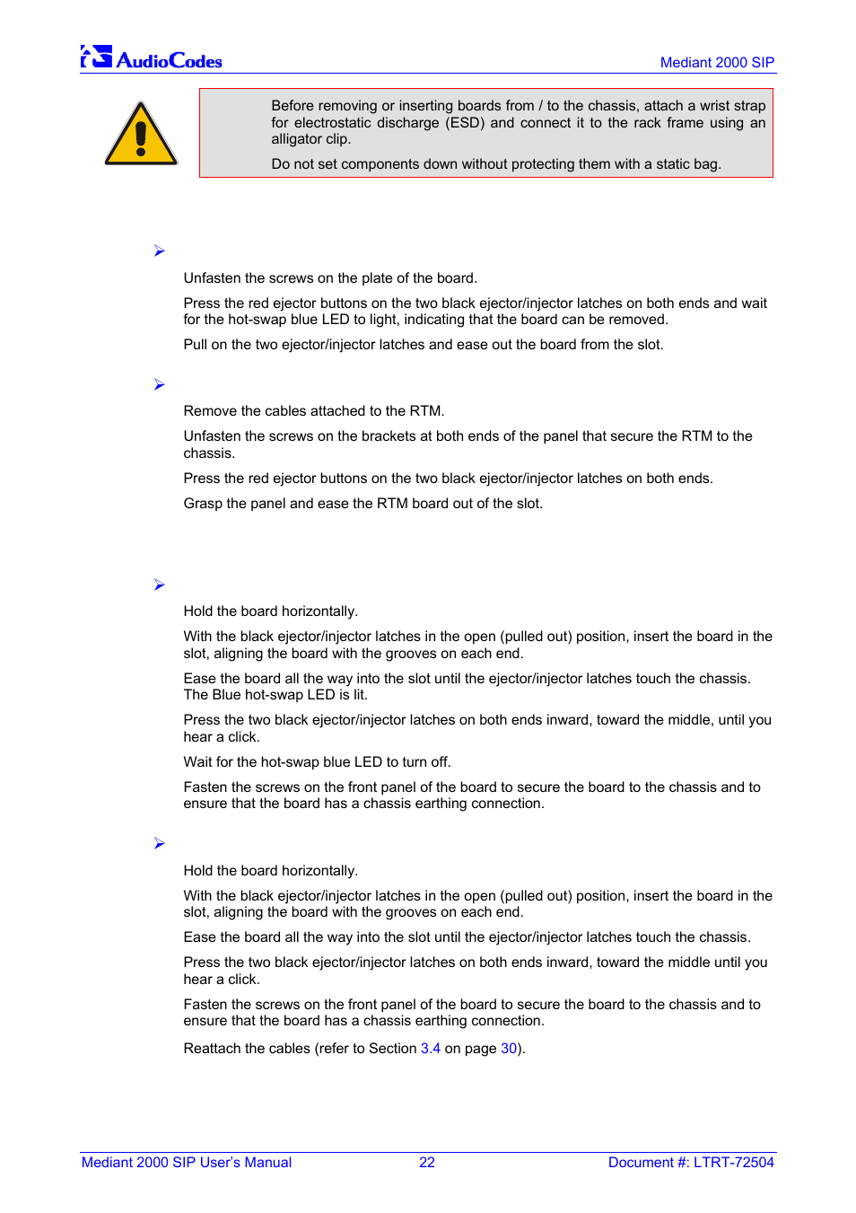 Removing boards, Inserting boards | Nortel Networks Mediant TP-1610 SIP User Manual | Page 22 / 280