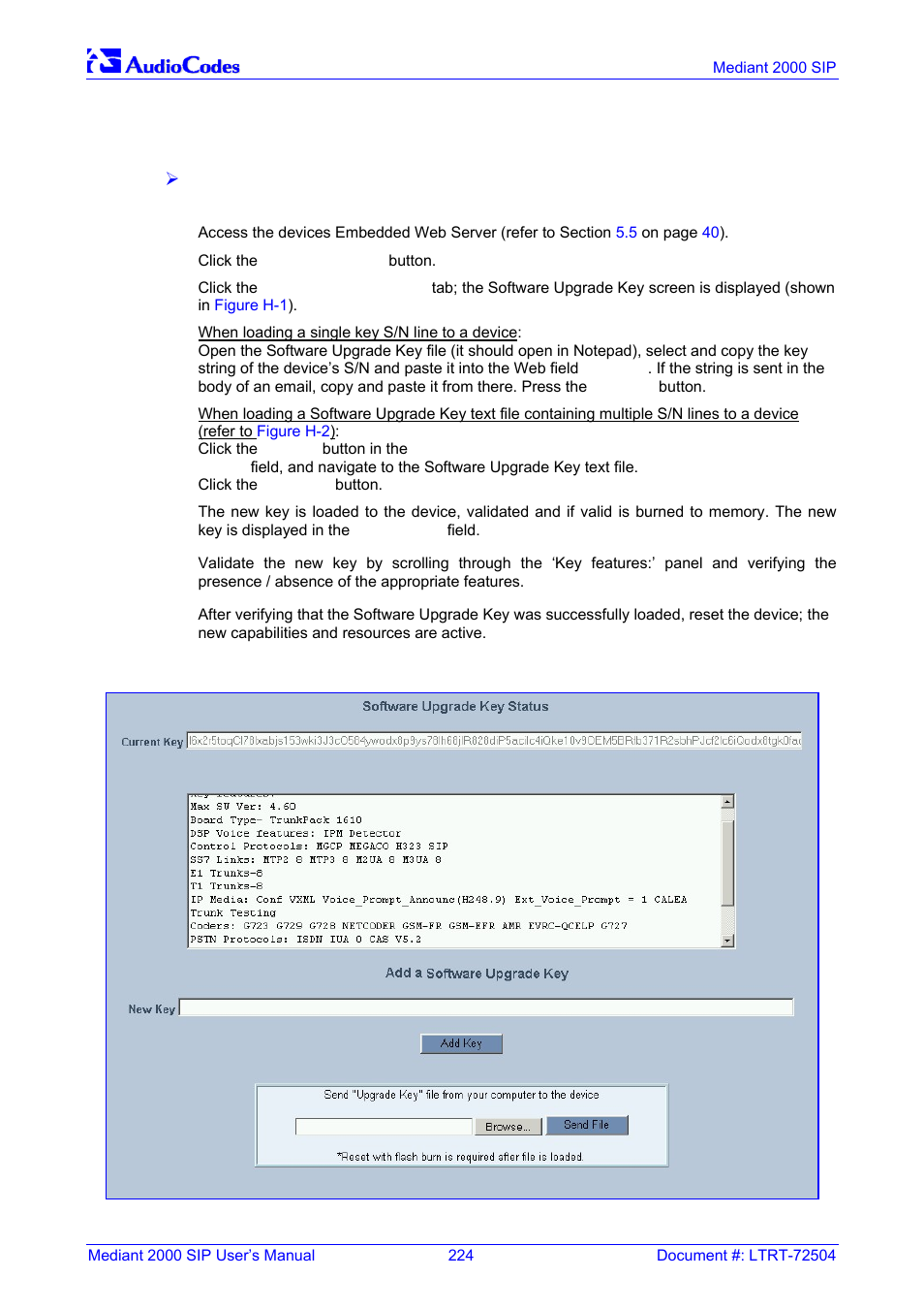 H.3.1, Figure h-1: software upgrade key screen, Belo | Nortel Networks Mediant TP-1610 SIP User Manual | Page 224 / 280