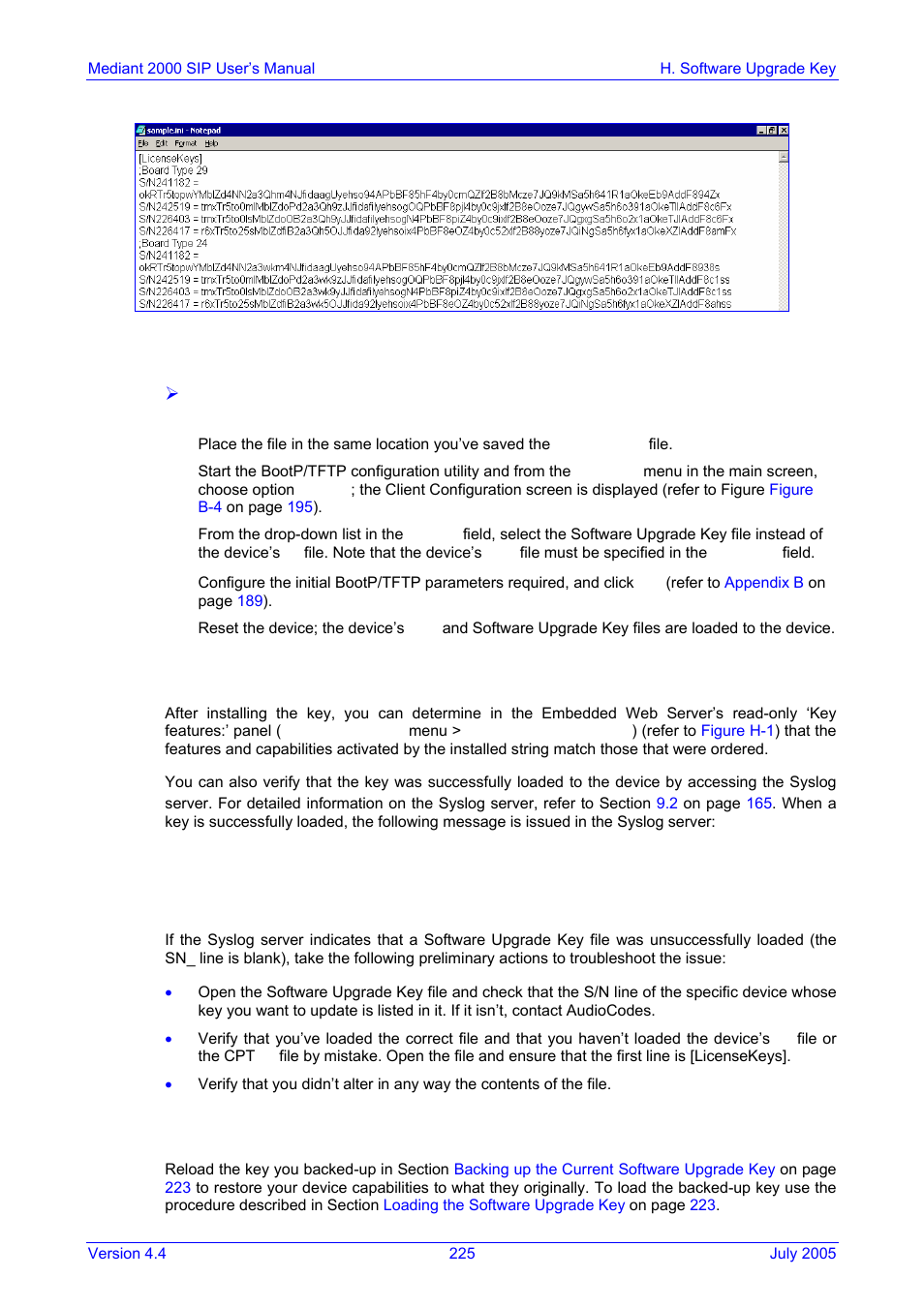 Loading the software upgrade key using bootp/tftp, Verifying that the key was successfully loaded, Troubleshooting an unsuccessful loading of a key | Abort procedure, H.3.2, On pa, H.4 verifying that the key was successfully loaded, H.6 abort procedure | Nortel Networks Mediant TP-1610 SIP User Manual | Page 225 / 280