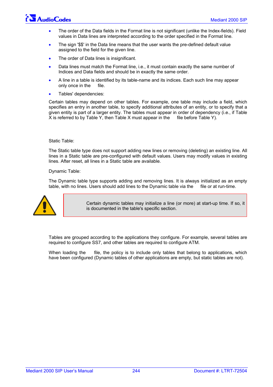 Dynamic tables versus static tables, Tables in the loaded ini file, J.6.3.2 | J.6.3.3 | Nortel Networks Mediant TP-1610 SIP User Manual | Page 244 / 280