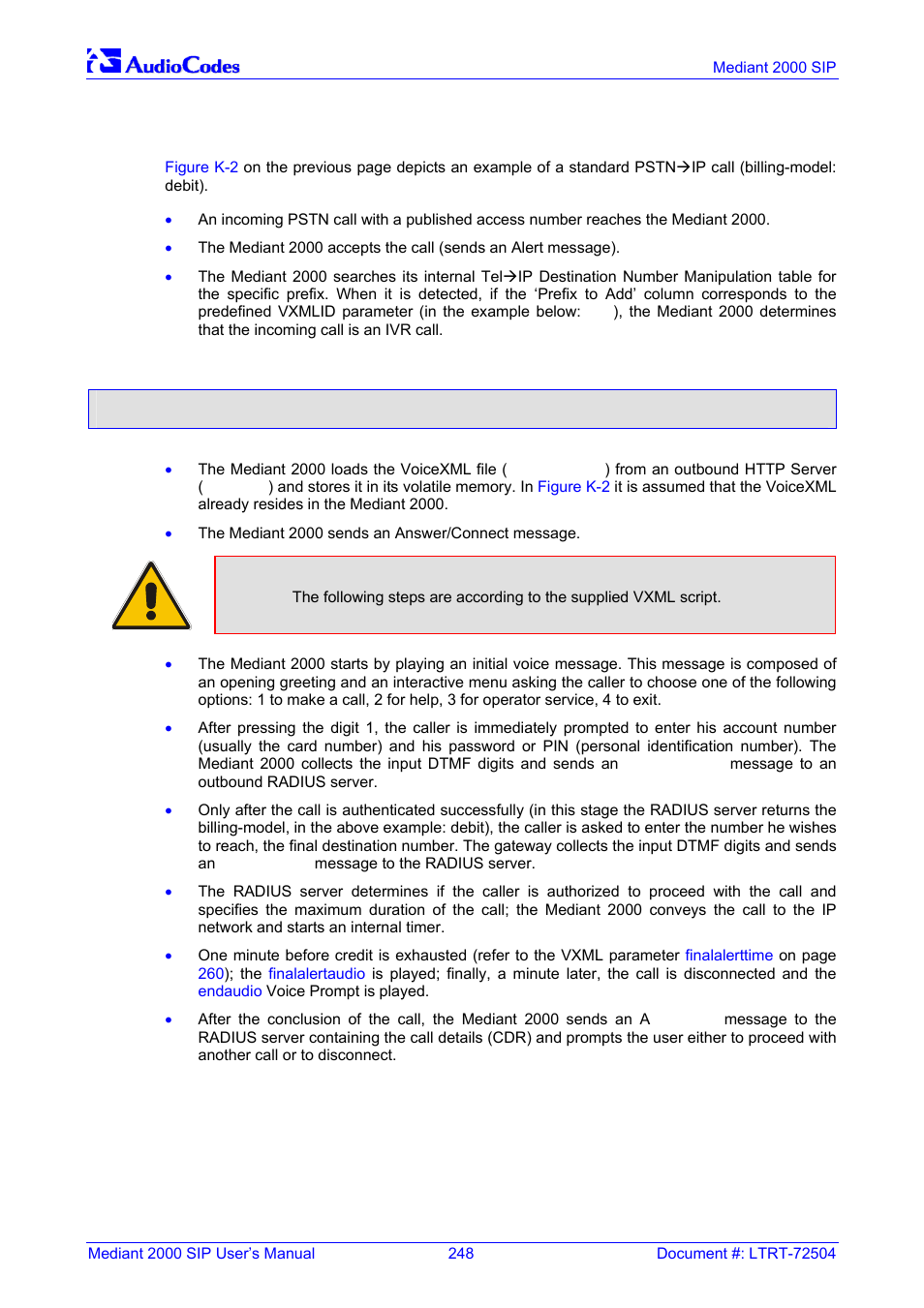 Call flow description, K.4.2, Figure k-3: basic ini file vxml parameters | K.4.2 call flow description | Nortel Networks Mediant TP-1610 SIP User Manual | Page 248 / 280