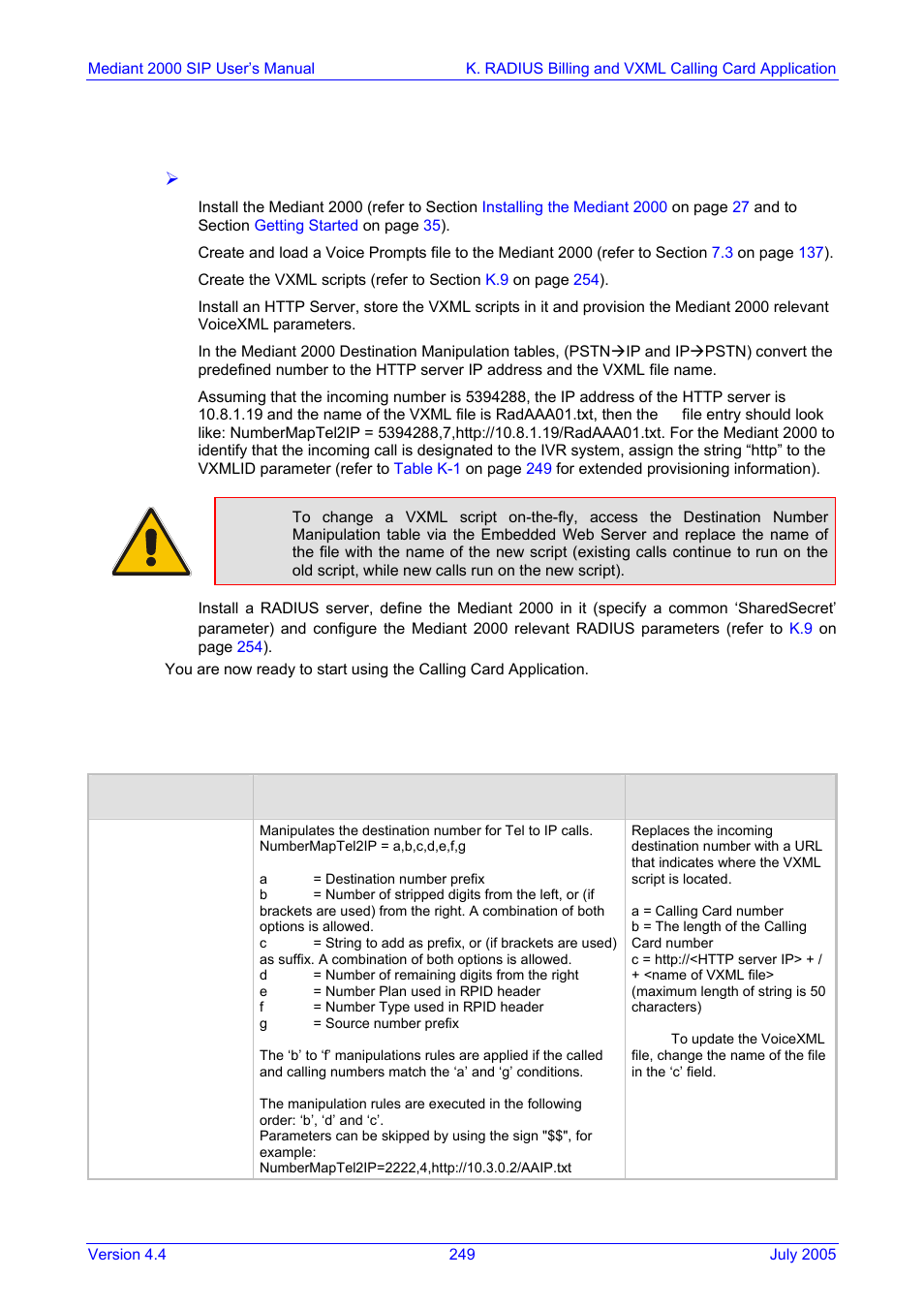 Operation & configuration, Configuration parameters, Table k-1: general mediant 2000 parameters | K.5 operation & configuration, K.6 configuration parameters | Nortel Networks Mediant TP-1610 SIP User Manual | Page 249 / 280