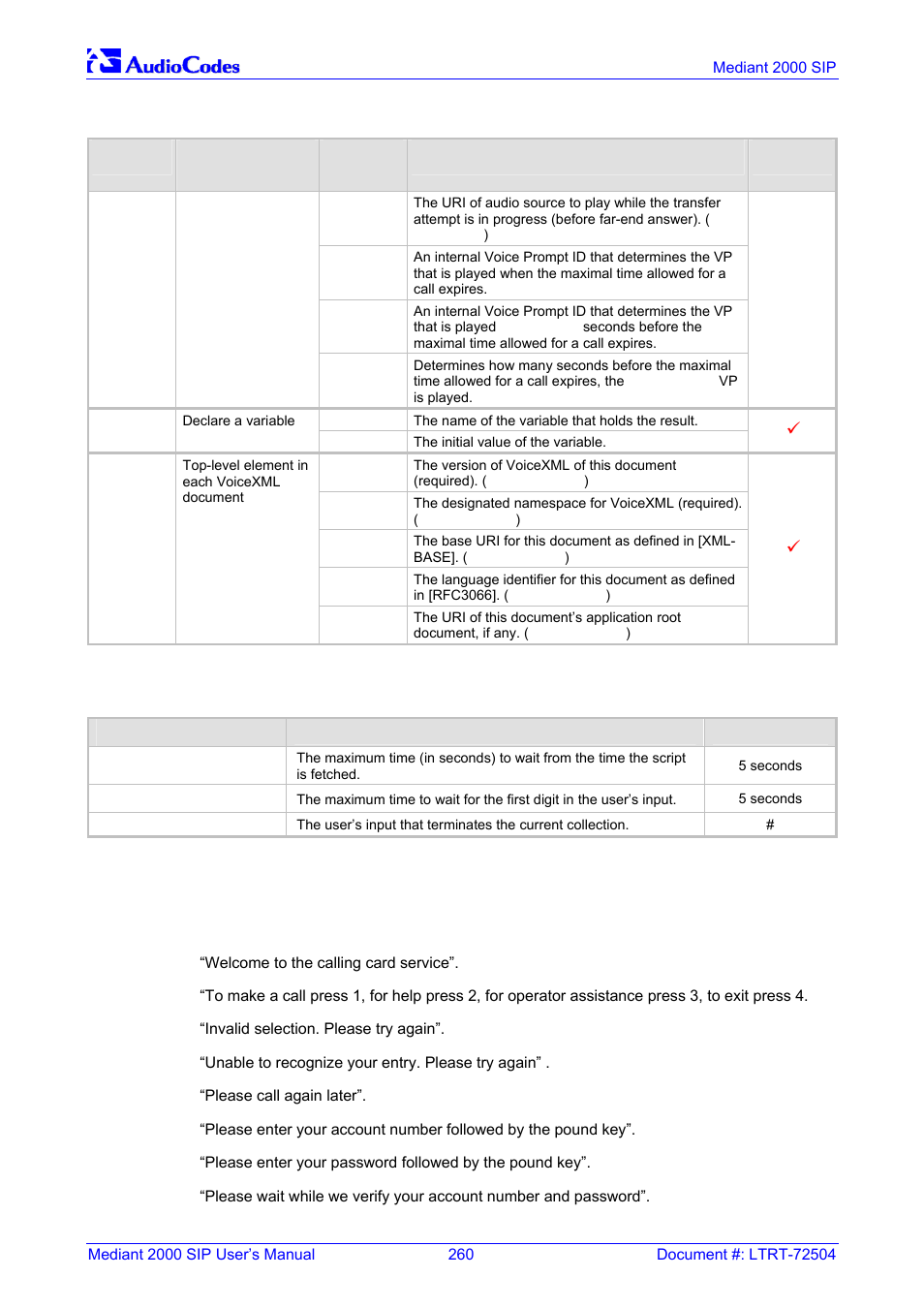 Provided calling card system, Voice prompts, K.11 | K.11.1, Table k-5: voicexml supported properties, Finalalerttime, On pag, Endaudio, Voice prompt is, K.11 provided calling card system | Nortel Networks Mediant TP-1610 SIP User Manual | Page 260 / 280