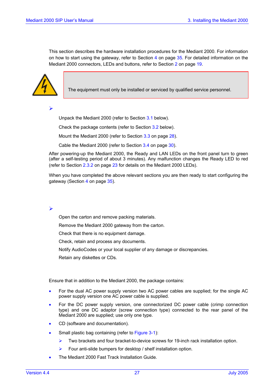 Installing the mediant 2000, Unpacking, Package contents | 1 unpacking, 2 package contents, Caution electrical shock | Nortel Networks Mediant TP-1610 SIP User Manual | Page 27 / 280