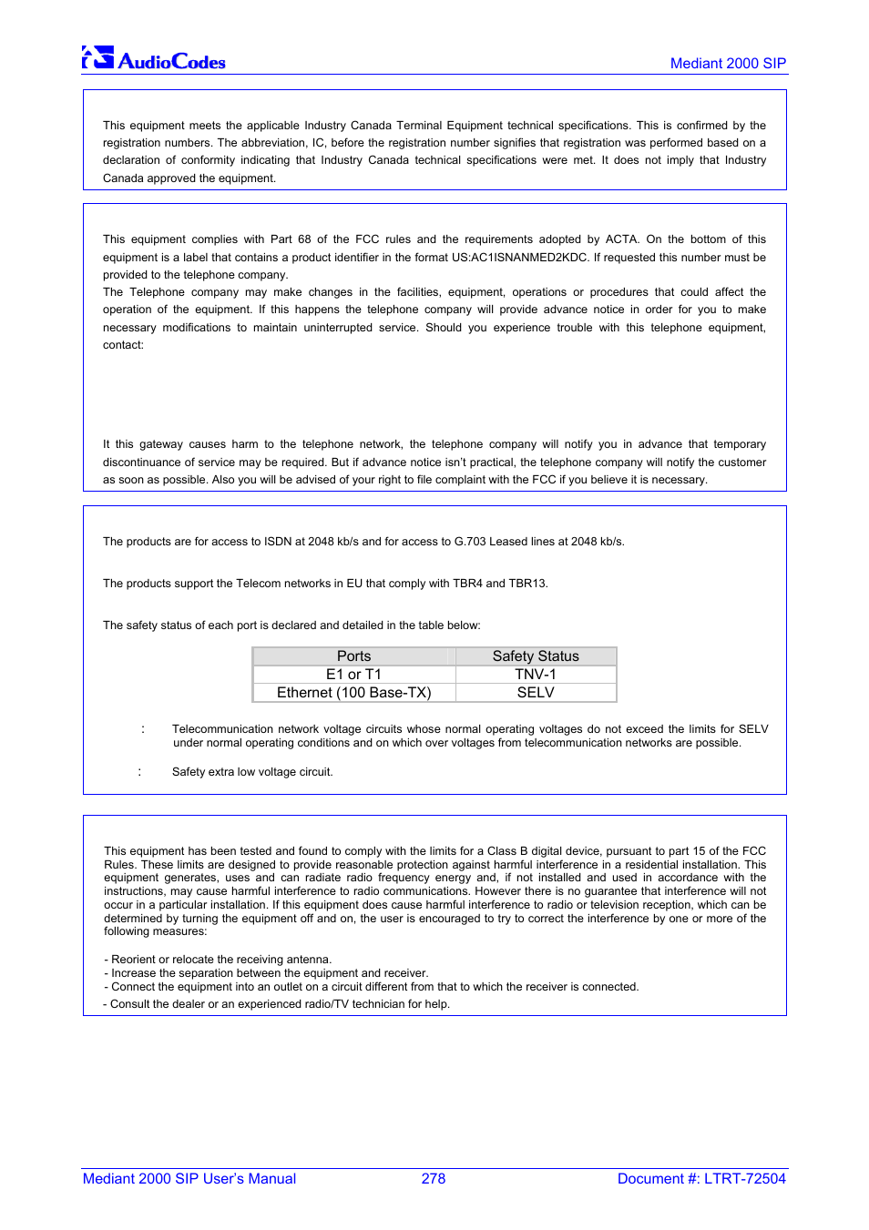 Industry canada notice, Digital device warnings, Network information and intent of use | Fcc statement, Network compatibility, Telecommunication safety | Nortel Networks Mediant TP-1610 SIP User Manual | Page 278 / 280