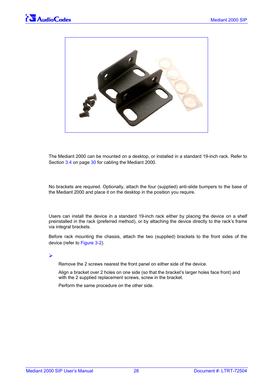 Mounting the mediant 2000, Mounting the mediant 2000 on a desktop, Installing the mediant 2000 in a 19-inch rack | Figure 3-1: 19-inch rack & desktop accessories, On pag, Figure | Nortel Networks Mediant TP-1610 SIP User Manual | Page 28 / 280
