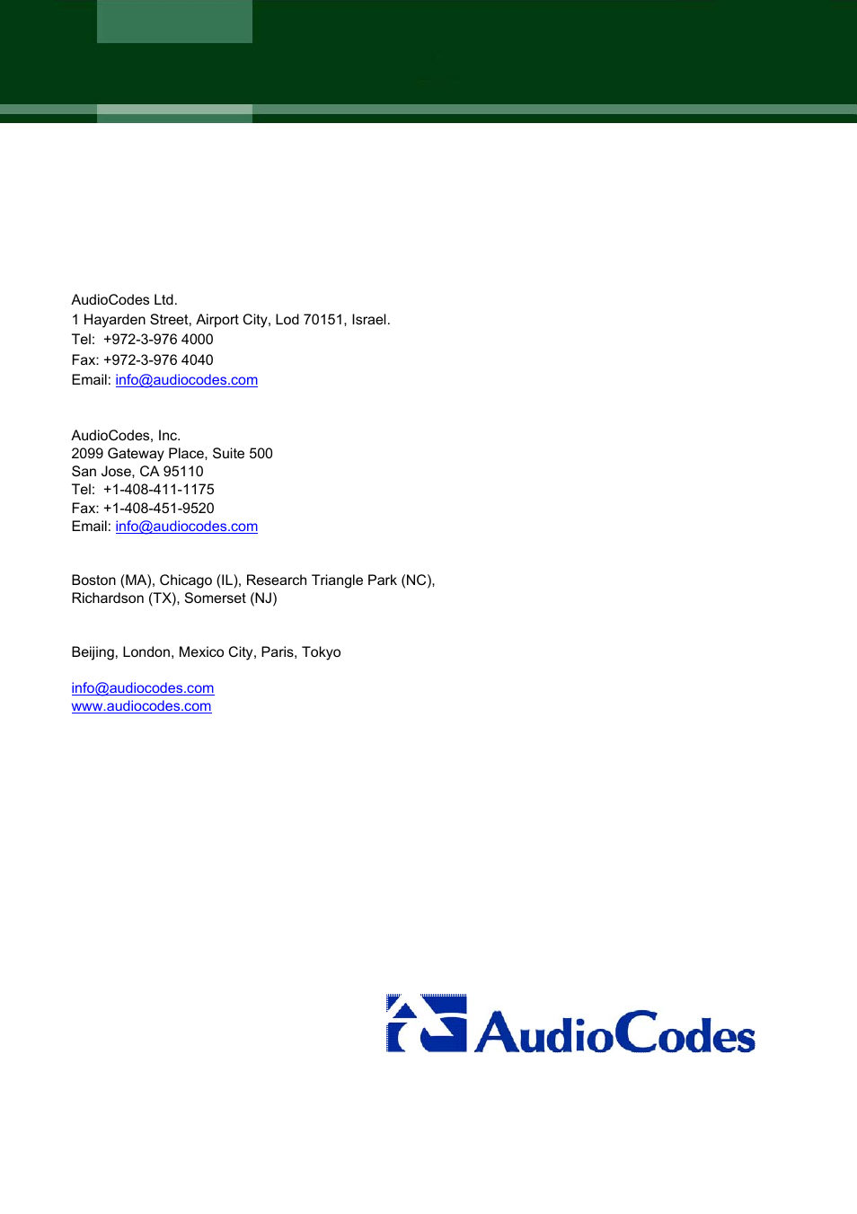 Audiocodes offices | Nortel Networks Mediant TP-1610 SIP User Manual | Page 280 / 280