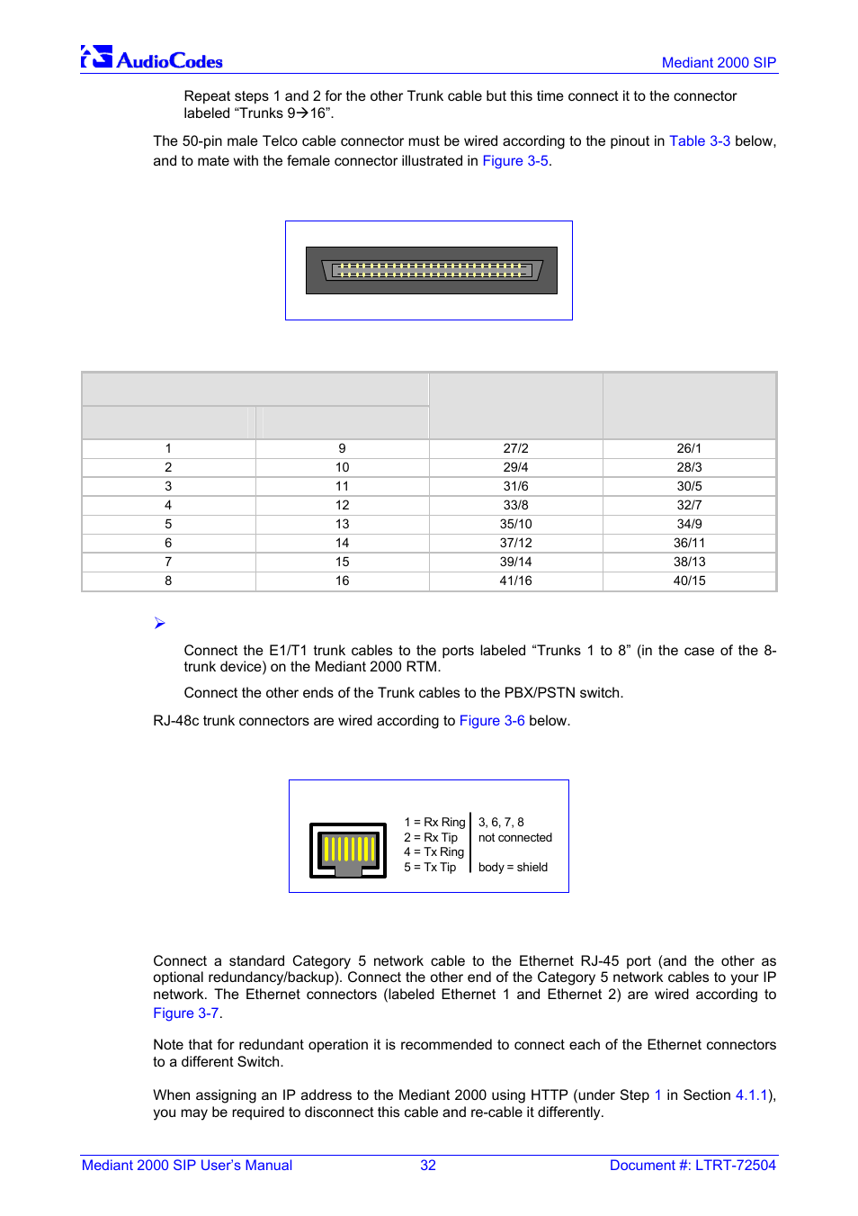 Installing the ethernet connection, Figure 3-6: pinout of rj-48c trunk connectors, 2 installing the ethernet connection | Nortel Networks Mediant TP-1610 SIP User Manual | Page 32 / 280