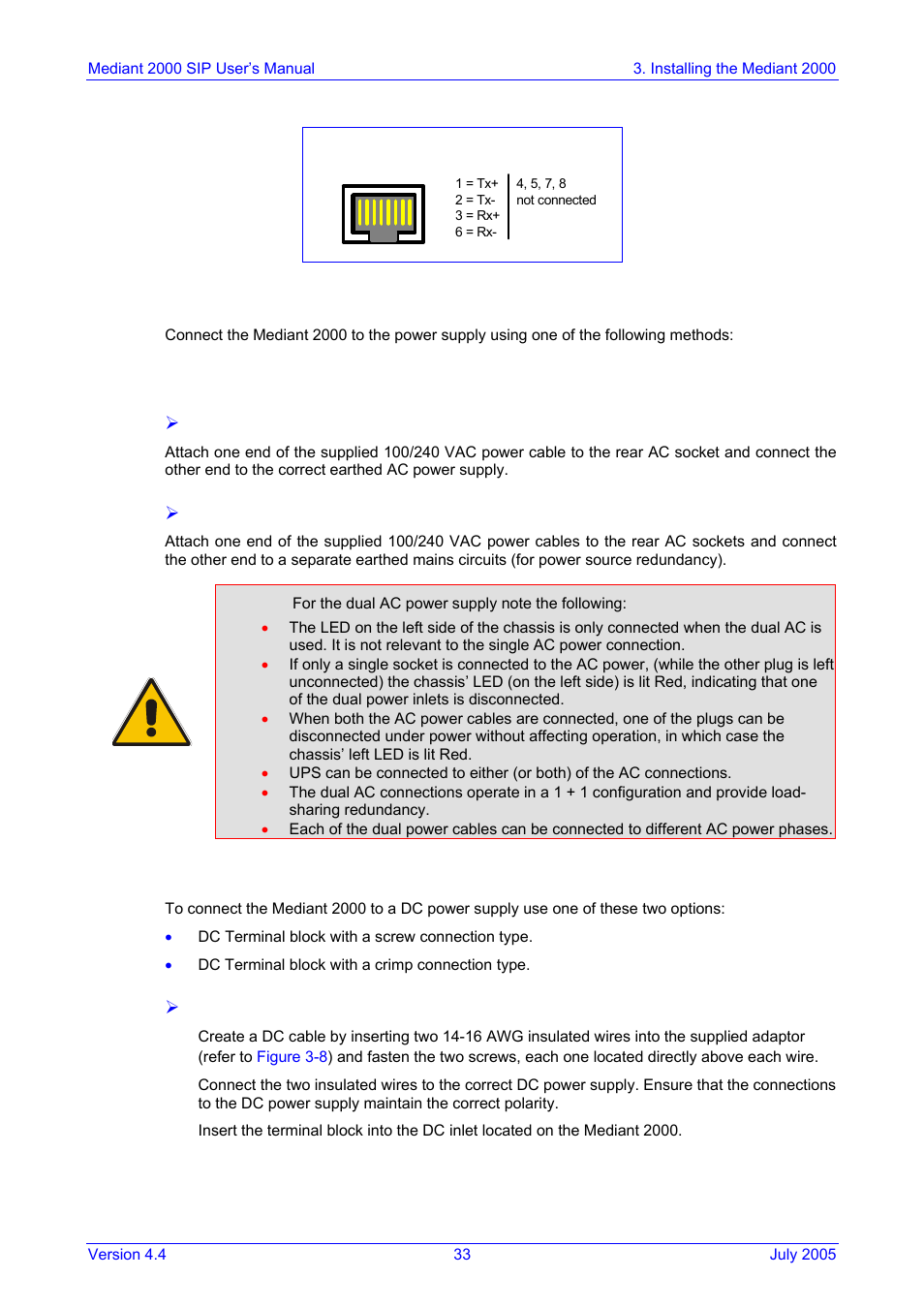 Connecting the power supply, Connecting the ac power supply, Connecting the dc power supply | Figure 3-7: pinout of rj-45 connectors, On p, Figure, 3 connecting the power supply | Nortel Networks Mediant TP-1610 SIP User Manual | Page 33 / 280