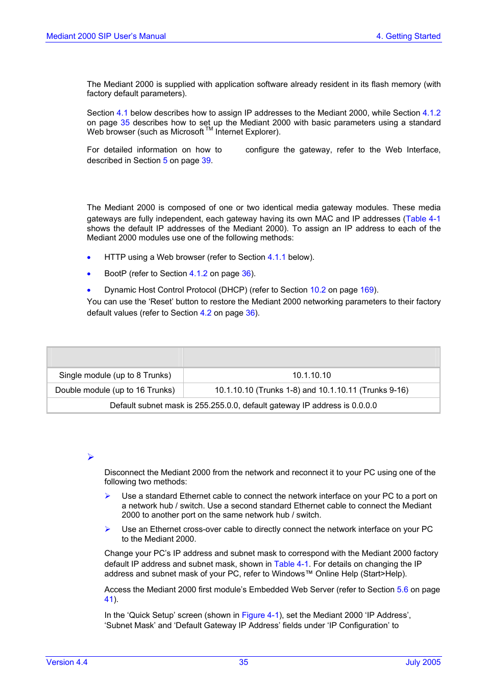 Getting started, Assigning the mediant 2000 ip address, Assigning an ip address using http | For detail, On pag, In section, 4 getting started | Nortel Networks Mediant TP-1610 SIP User Manual | Page 35 / 280