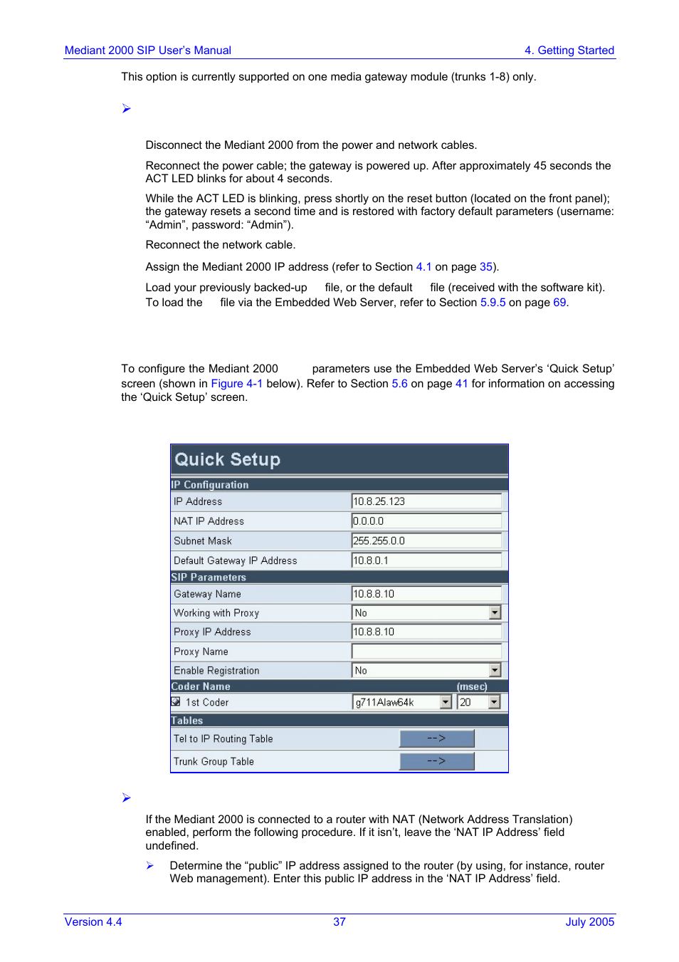 Configuring the mediant 2000 basic parameters, Figure 4-1: mediant 2000 quick setup screen, Figure | Nortel Networks Mediant TP-1610 SIP User Manual | Page 37 / 280