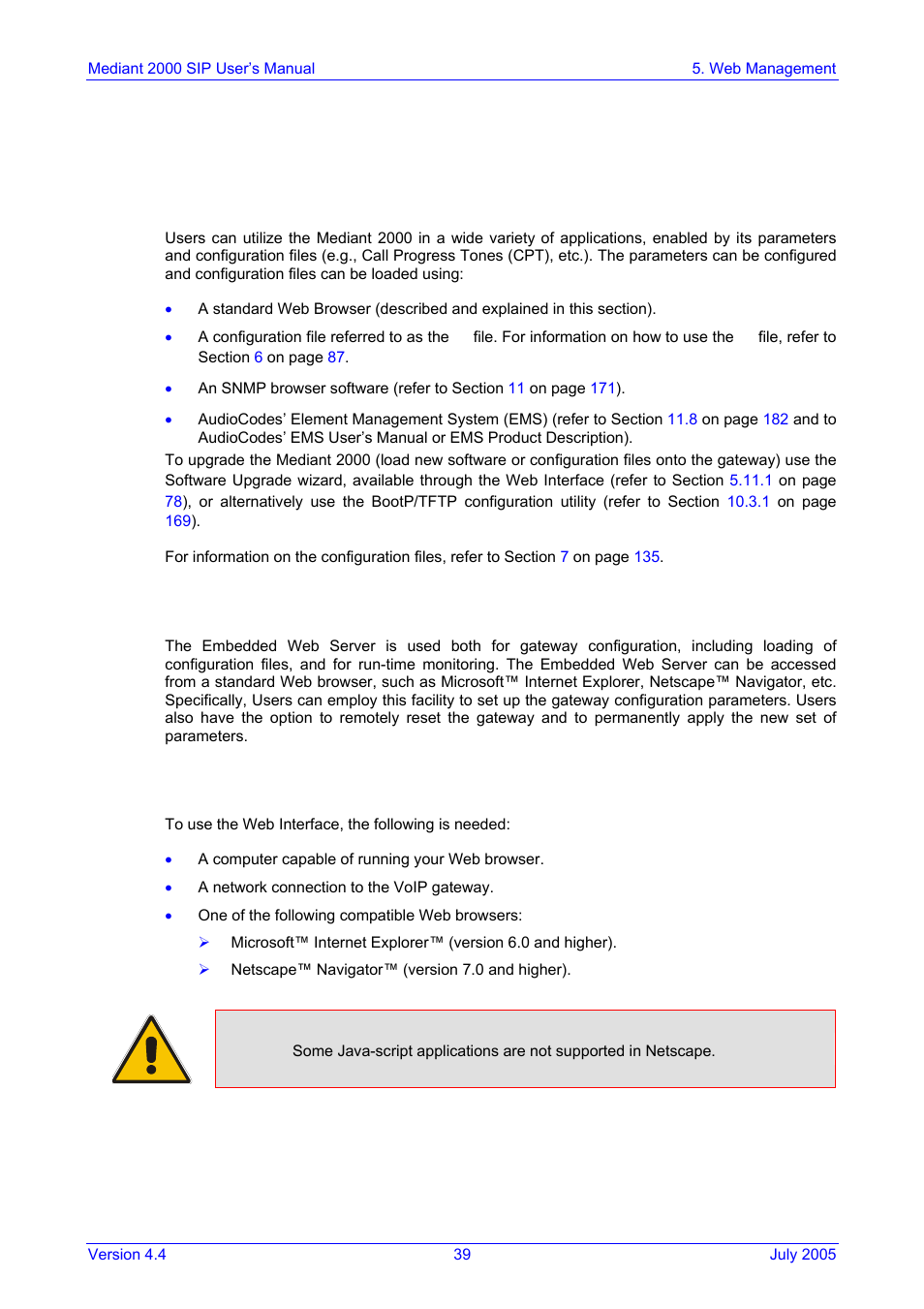 Web management, Configuration concepts, Overview of the embedded web server | Computer requirements, 5 web management, 1 configuration concepts, 2 overview of the embedded web server, 3 computer requirements | Nortel Networks Mediant TP-1610 SIP User Manual | Page 39 / 280
