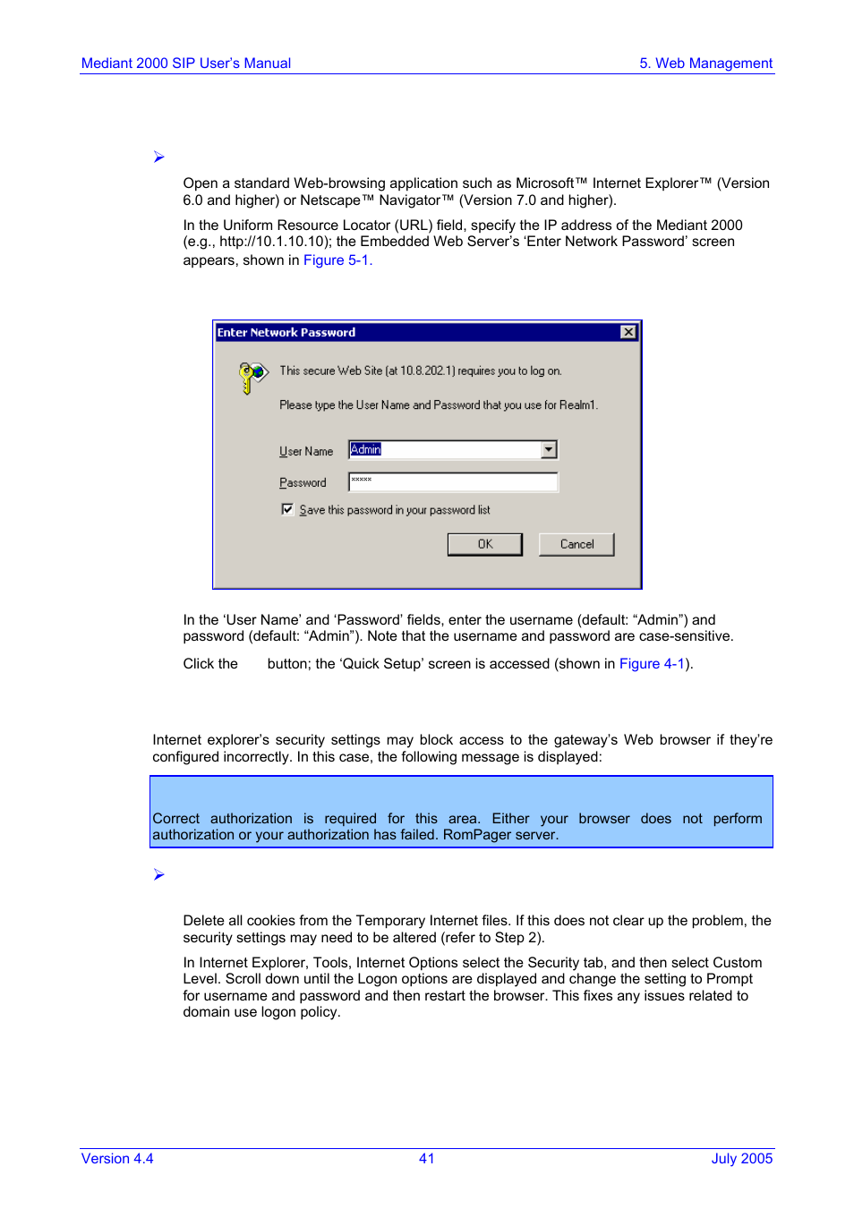 Accessing the embedded web server, Figure 5-1: embedded web server login screen, On pag | On p, For i, 6 accessing the embedded web server | Nortel Networks Mediant TP-1610 SIP User Manual | Page 41 / 280