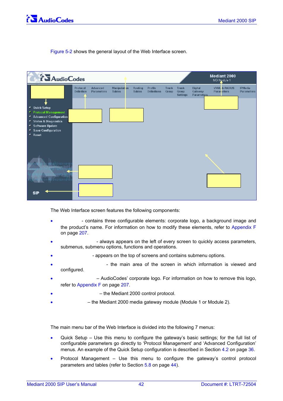 Getting acquainted with the web interface, Main menu bar, Figure 5-2: mediant 2000 web interface | 7 getting acquainted with the web interface, 1 main menu bar | Nortel Networks Mediant TP-1610 SIP User Manual | Page 42 / 280