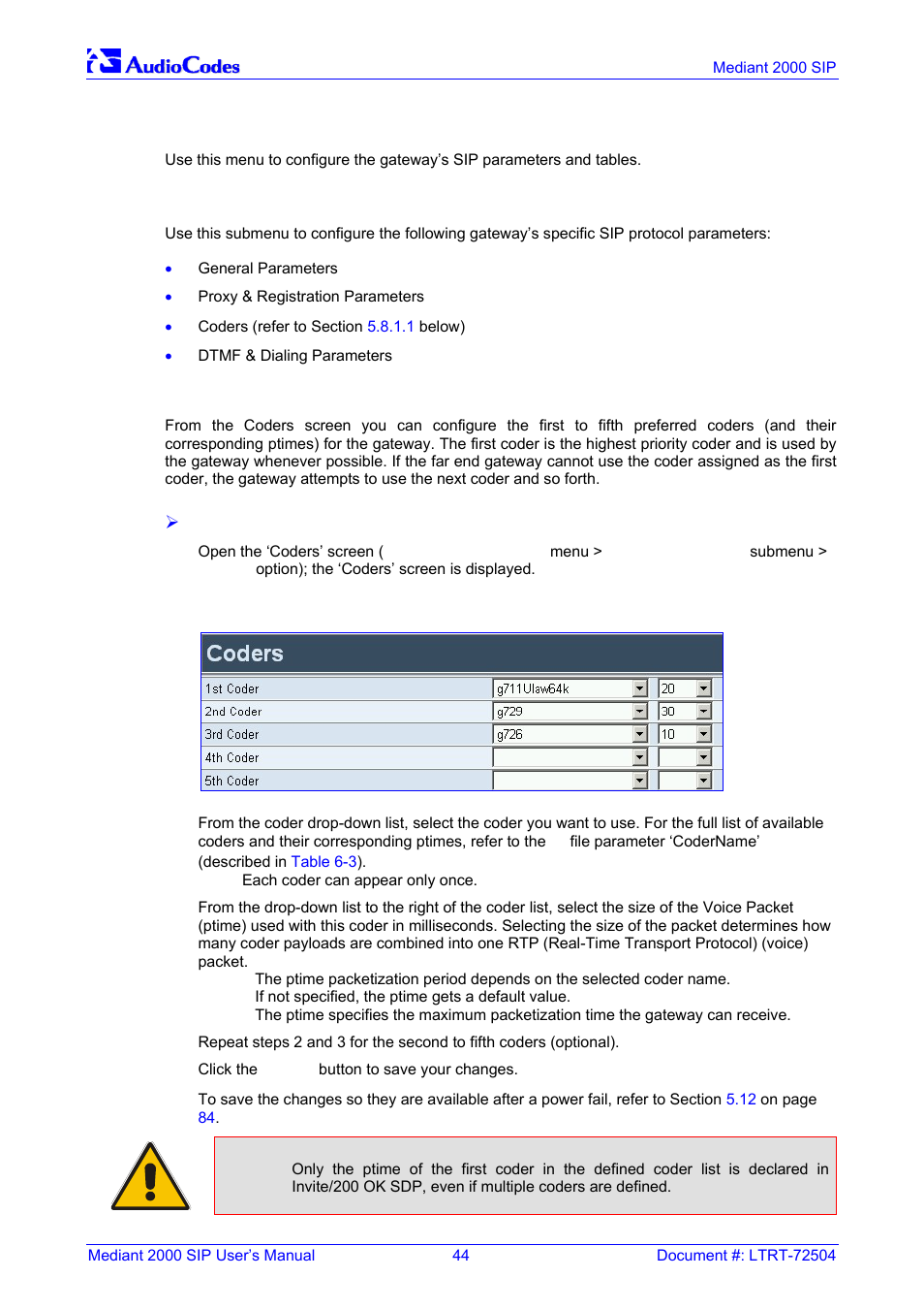 Protocol management, Protocol definition parameters, Coders | Figure 5-3: coders screen, On pag, 8 protocol management, 1 protocol definition parameters | Nortel Networks Mediant TP-1610 SIP User Manual | Page 44 / 280
