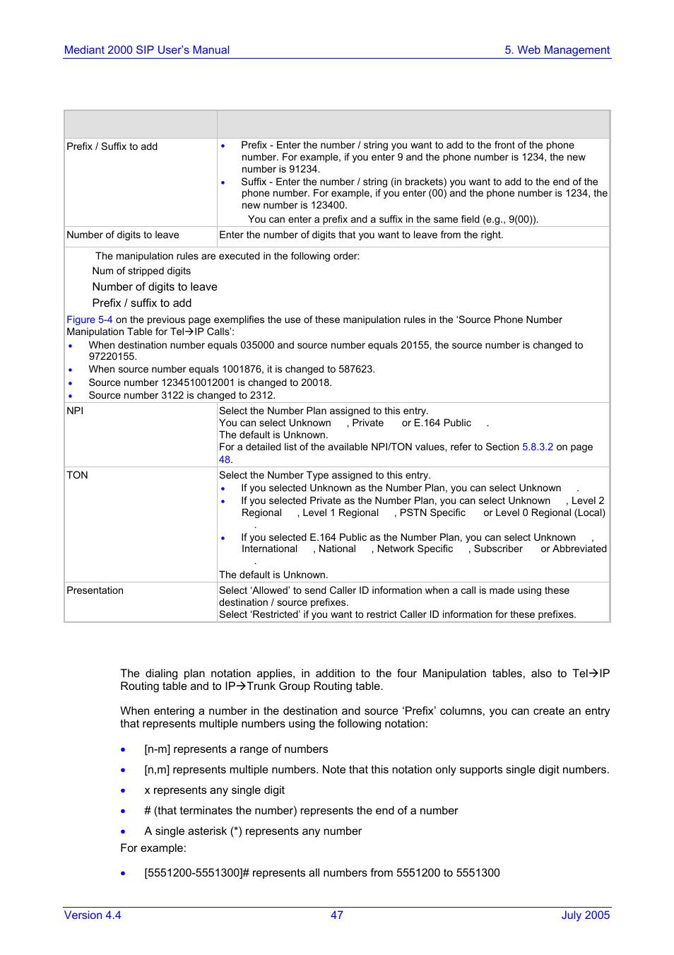 Dialing plan notation, 1 dialing plan notation | Nortel Networks Mediant TP-1610 SIP User Manual | Page 47 / 280