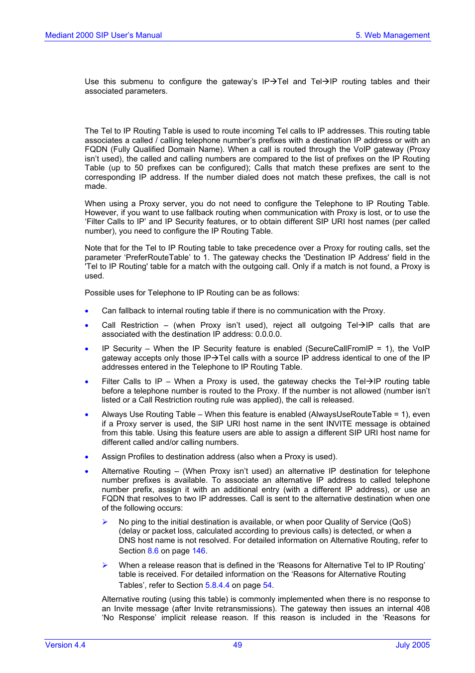 Configuring the routing tables, Tel to ip routing table, On pa | 4 configuring the routing tables | Nortel Networks Mediant TP-1610 SIP User Manual | Page 49 / 280