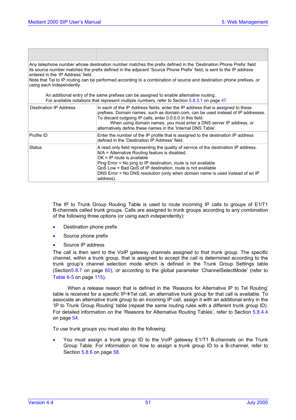 Ip to trunk group routing table | Nortel Networks Mediant TP-1610 SIP User Manual | Page 51 / 280