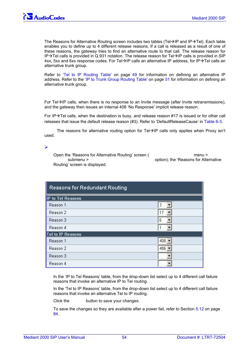 Reasons for alternative routing, Figure 5-8: reasons for alternative routing screen | Nortel Networks Mediant TP-1610 SIP User Manual | Page 54 / 280