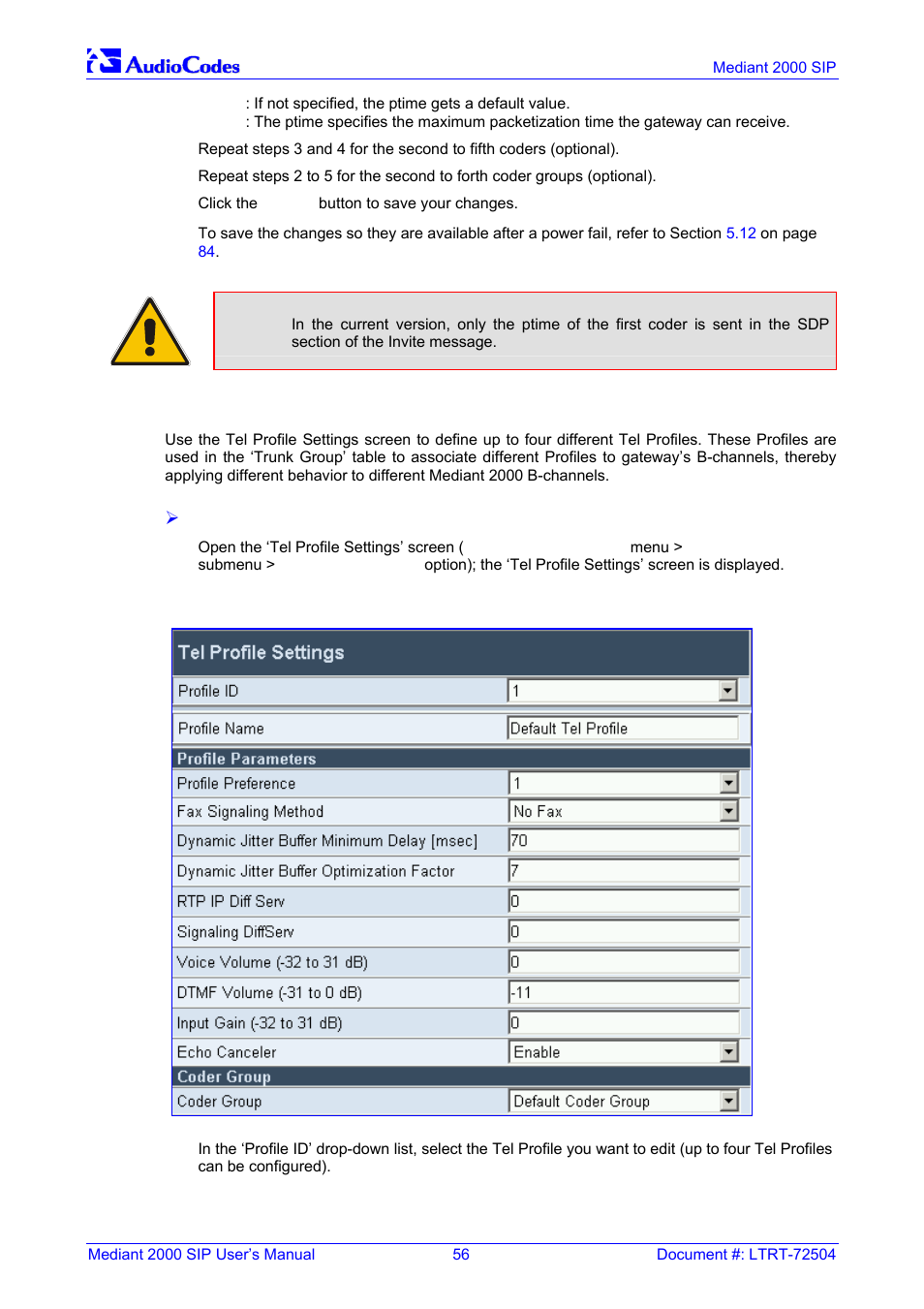 Tel profile settings, Figure 5-10: tel profile settings screen | Nortel Networks Mediant TP-1610 SIP User Manual | Page 56 / 280