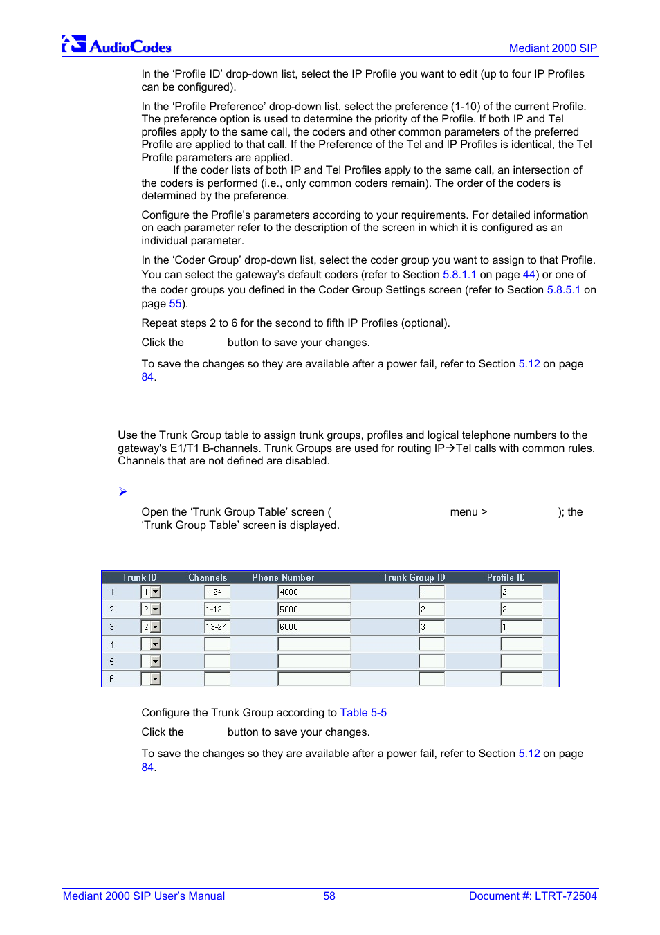 Configuring the trunk group table, Figure 5-12: trunk group table screen, Table 5-5: trunk group table | On pag, 6 configuring the trunk group table | Nortel Networks Mediant TP-1610 SIP User Manual | Page 58 / 280