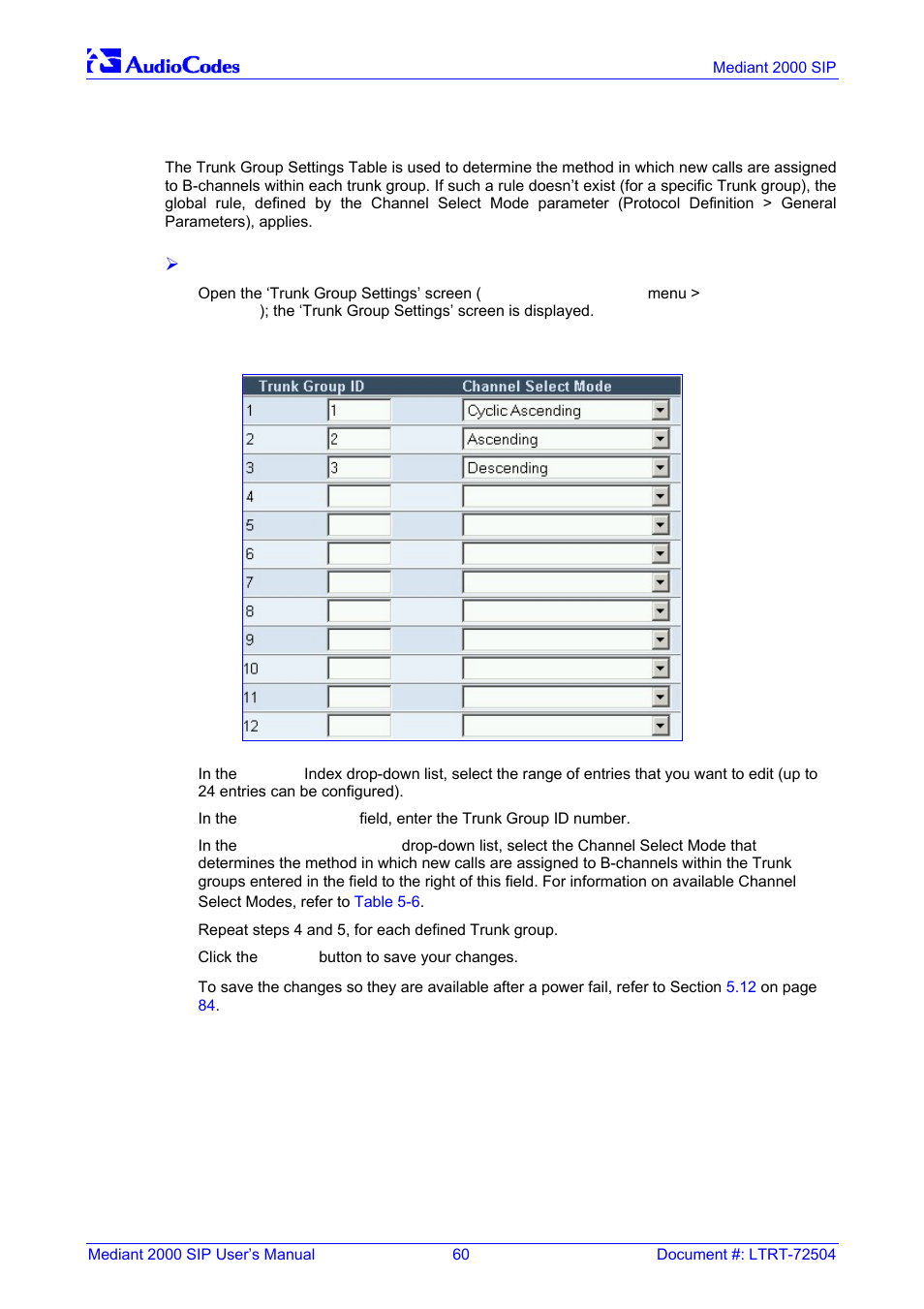 Configuring the trunk group settings, Figure 5-13: trunk group settings screen, Global ‘chan | 7 configuring the trunk group settings | Nortel Networks Mediant TP-1610 SIP User Manual | Page 60 / 280
