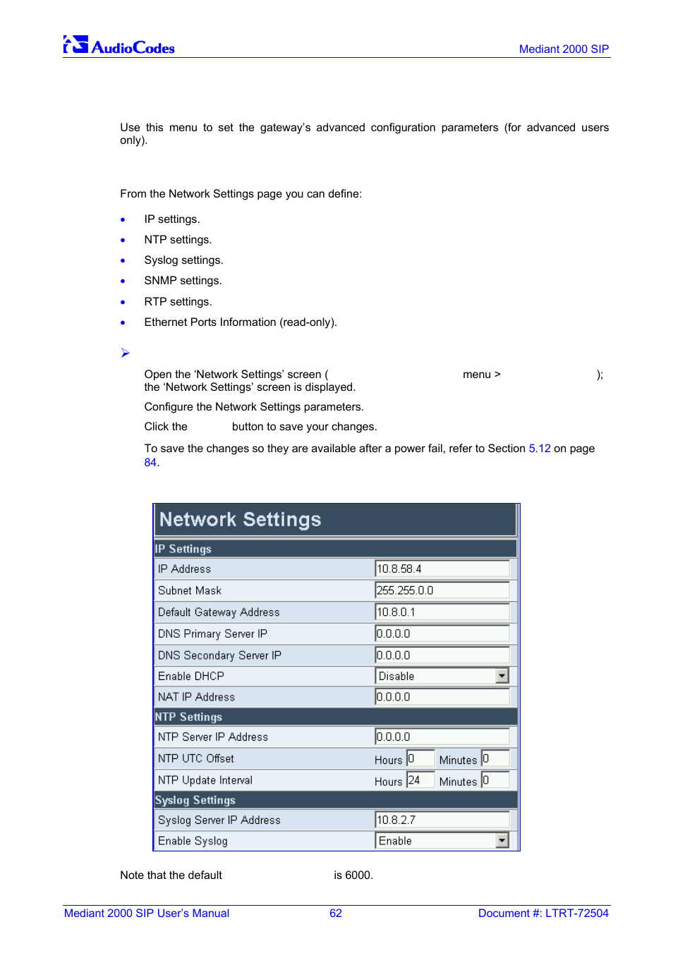 Advanced configuration, Configuring the network settings, Figure 5-14: network settings screen | On pag, 9 advanced configuration, 1 configuring the network settings | Nortel Networks Mediant TP-1610 SIP User Manual | Page 62 / 280