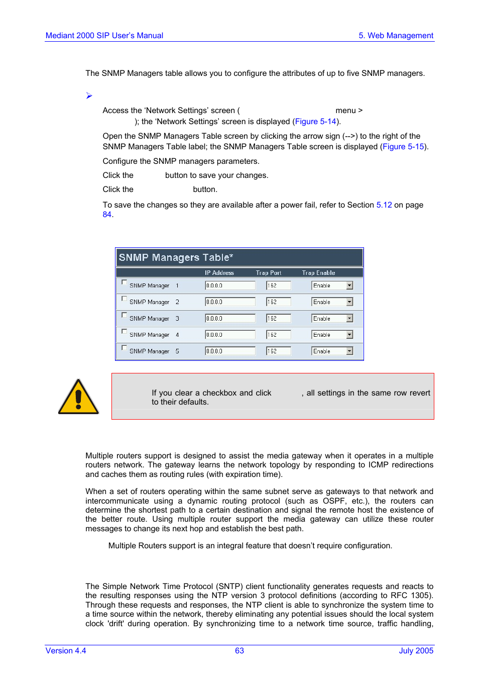 Configuring the snmp managers table, Multiple routers support, Simple network time protocol support | Figure 5-15: snmp managers table screen | Nortel Networks Mediant TP-1610 SIP User Manual | Page 63 / 280