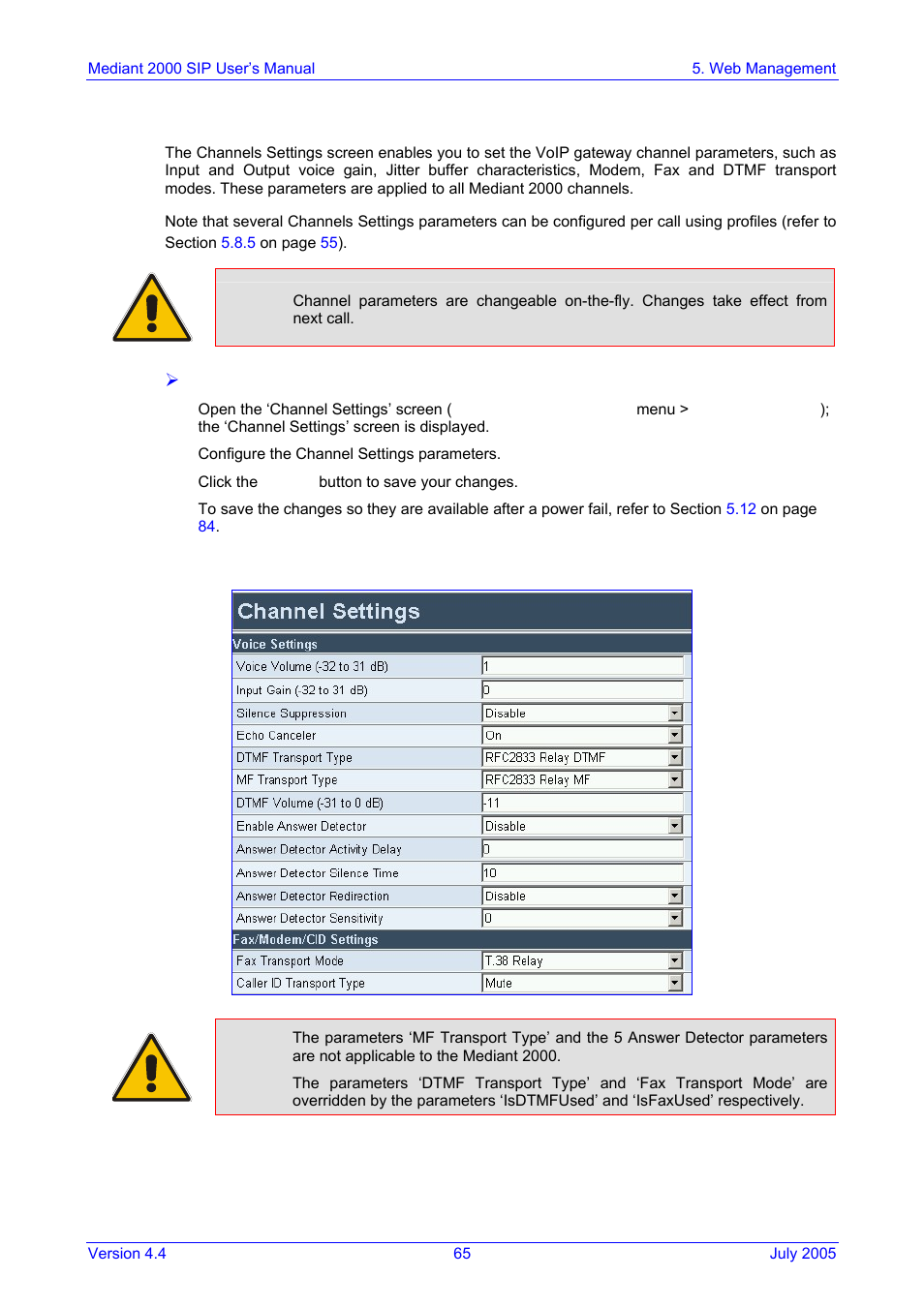 Configuring the channel settings, Figure 5-16: channel settings screen, 2 configuring the channel settings | Nortel Networks Mediant TP-1610 SIP User Manual | Page 65 / 280