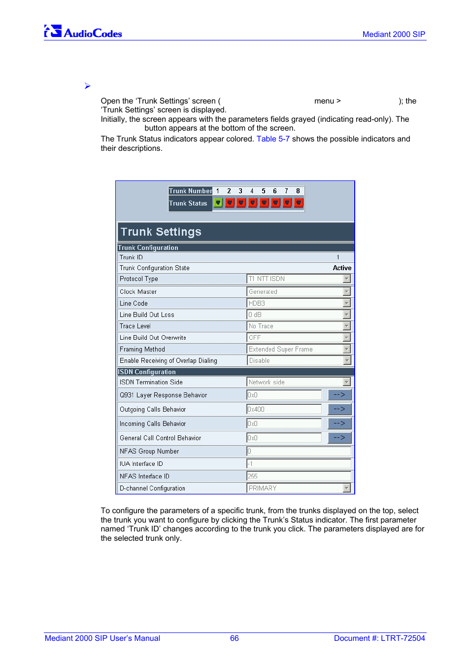 Configuring the trunk settings, Figure 5-17: e1/t1 trunk settings screen, 3 configuring the trunk settings | Nortel Networks Mediant TP-1610 SIP User Manual | Page 66 / 280