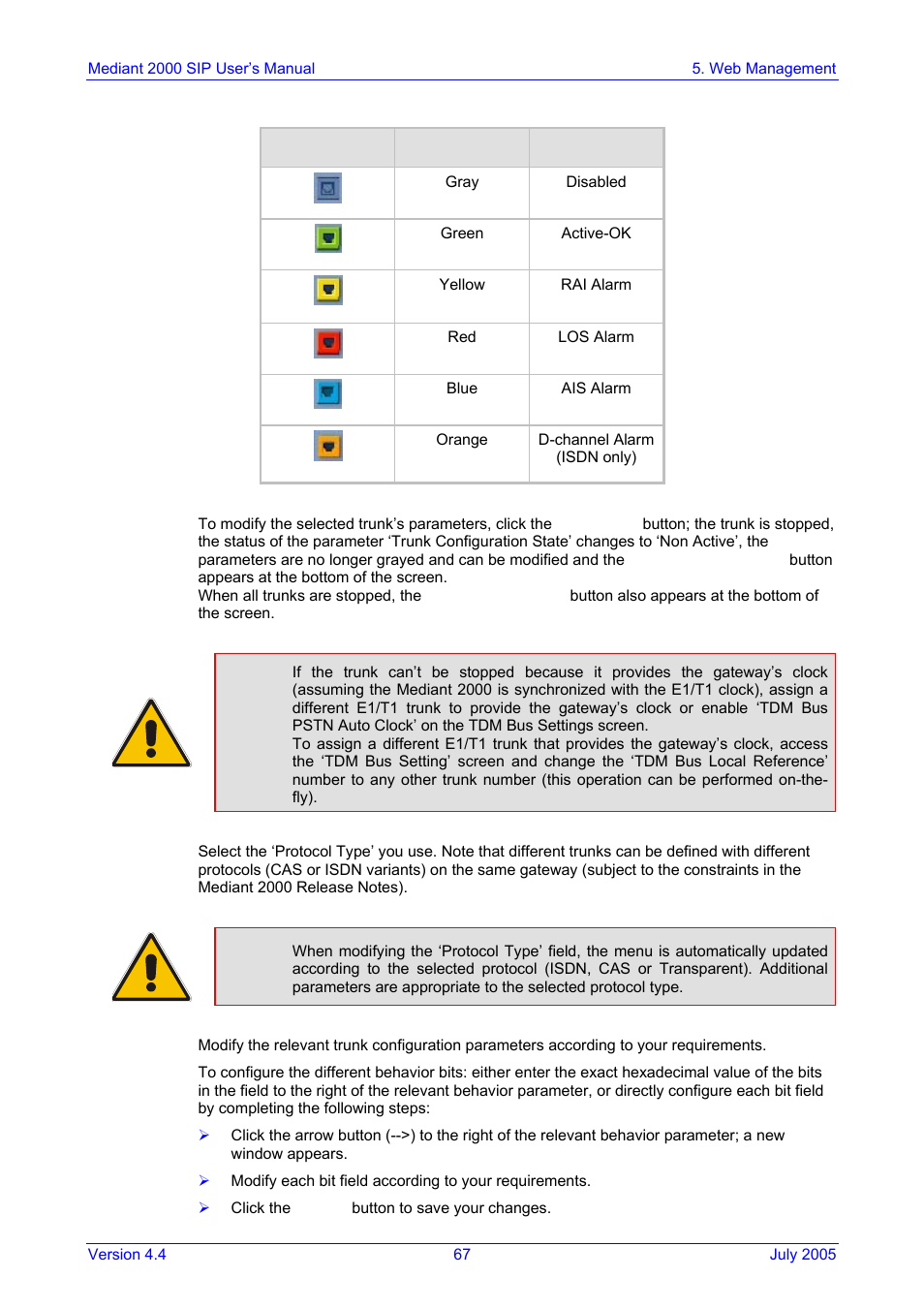 Table 5-7: trunks status color indicator keys | Nortel Networks Mediant TP-1610 SIP User Manual | Page 67 / 280