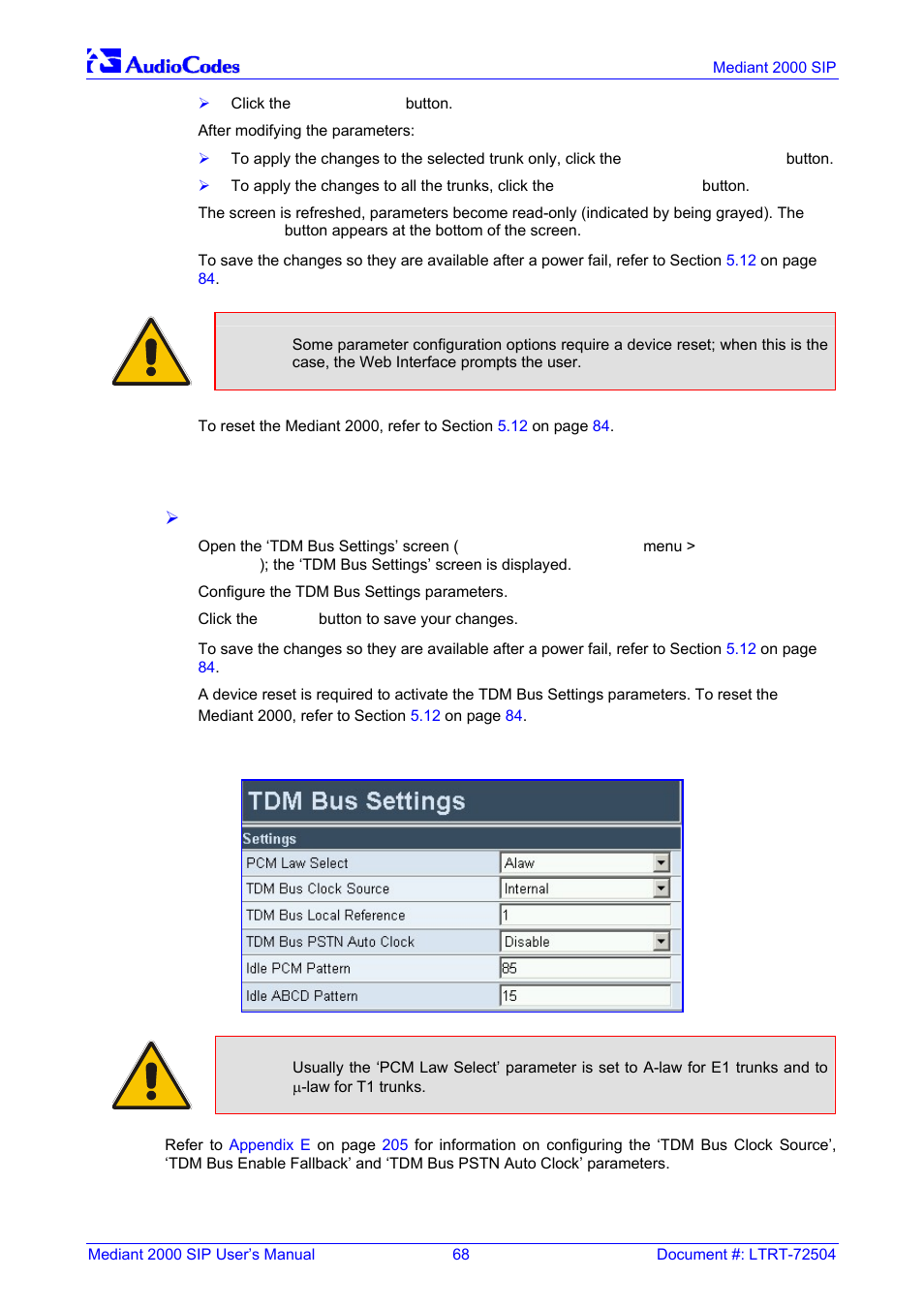 Configuring the tdm bus settings, Figure 5-18: tdm bus settings screen, 4 configuring the tdm bus settings | Nortel Networks Mediant TP-1610 SIP User Manual | Page 68 / 280