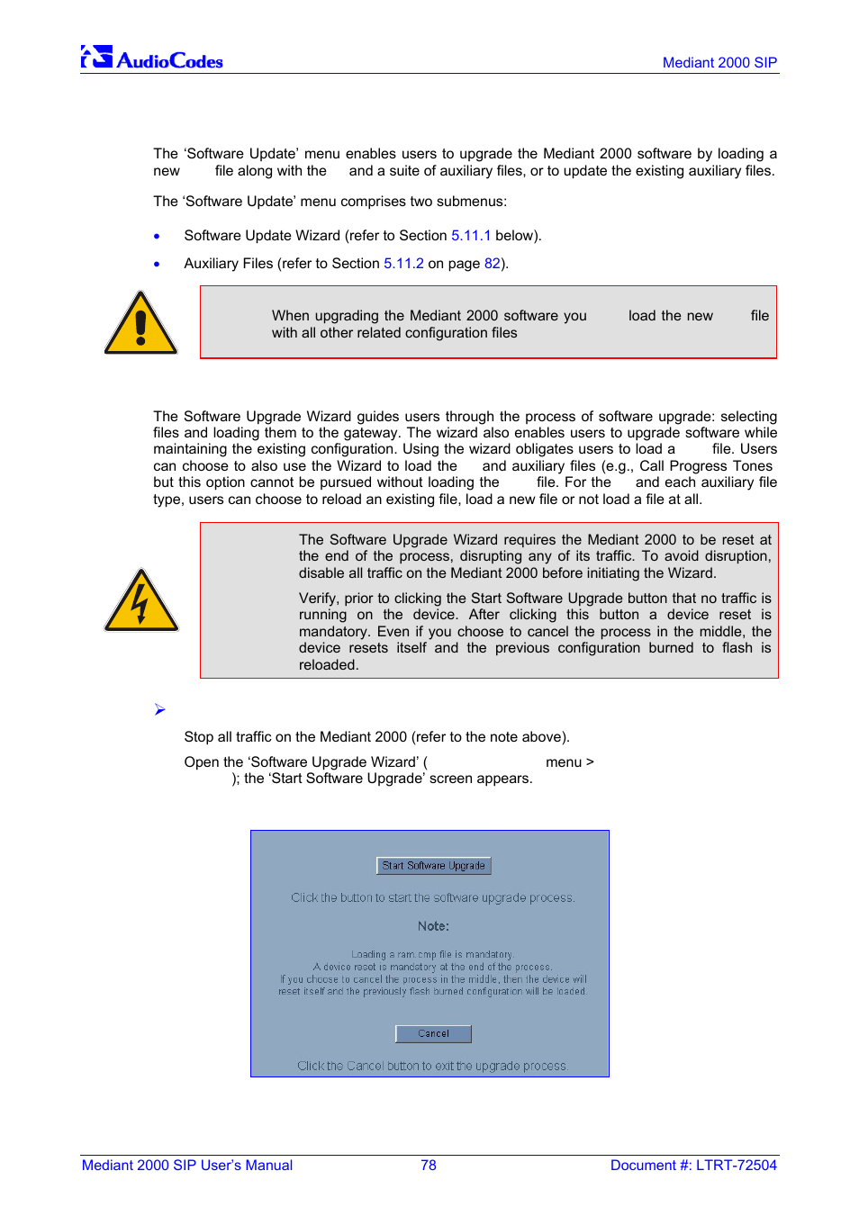 Software update menu, Software upgrade wizard, Figure 5-29: start software upgrade screen | On pag, 11 software update menu, 1 software upgrade wizard | Nortel Networks Mediant TP-1610 SIP User Manual | Page 78 / 280