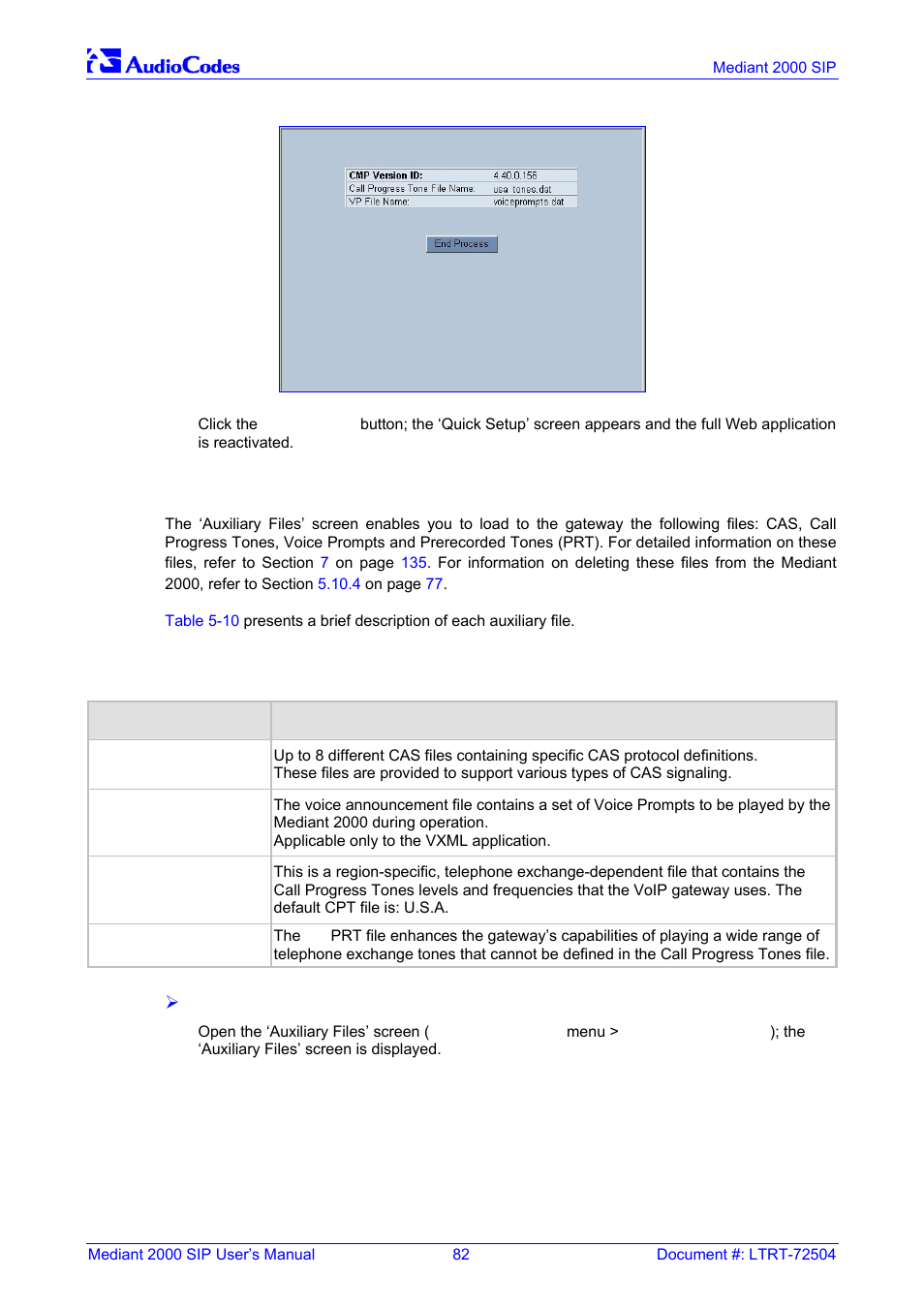 Auxiliary files, Figure 5-35: ‘end process’ screen, Table 5-10: auxiliary files descriptions | Figure, 2 auxiliary files | Nortel Networks Mediant TP-1610 SIP User Manual | Page 82 / 280