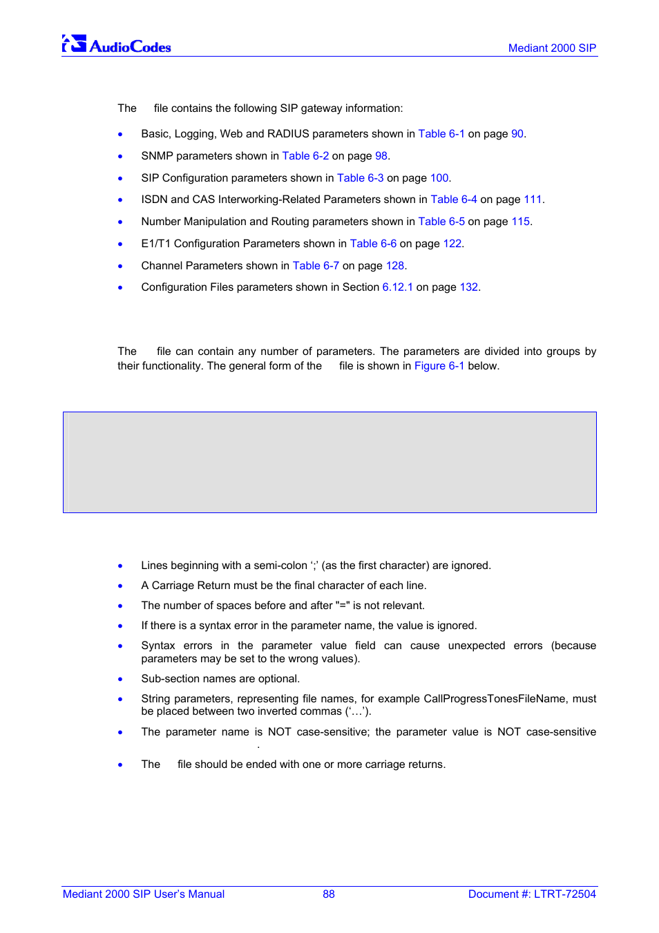 The ini file content, The ini file structure, The ini file structure rules | Figure 6-1: ini file structure, 3 the ini file content, 4 the ini file structure, 1 the ini file structure rules | Nortel Networks Mediant TP-1610 SIP User Manual | Page 88 / 280