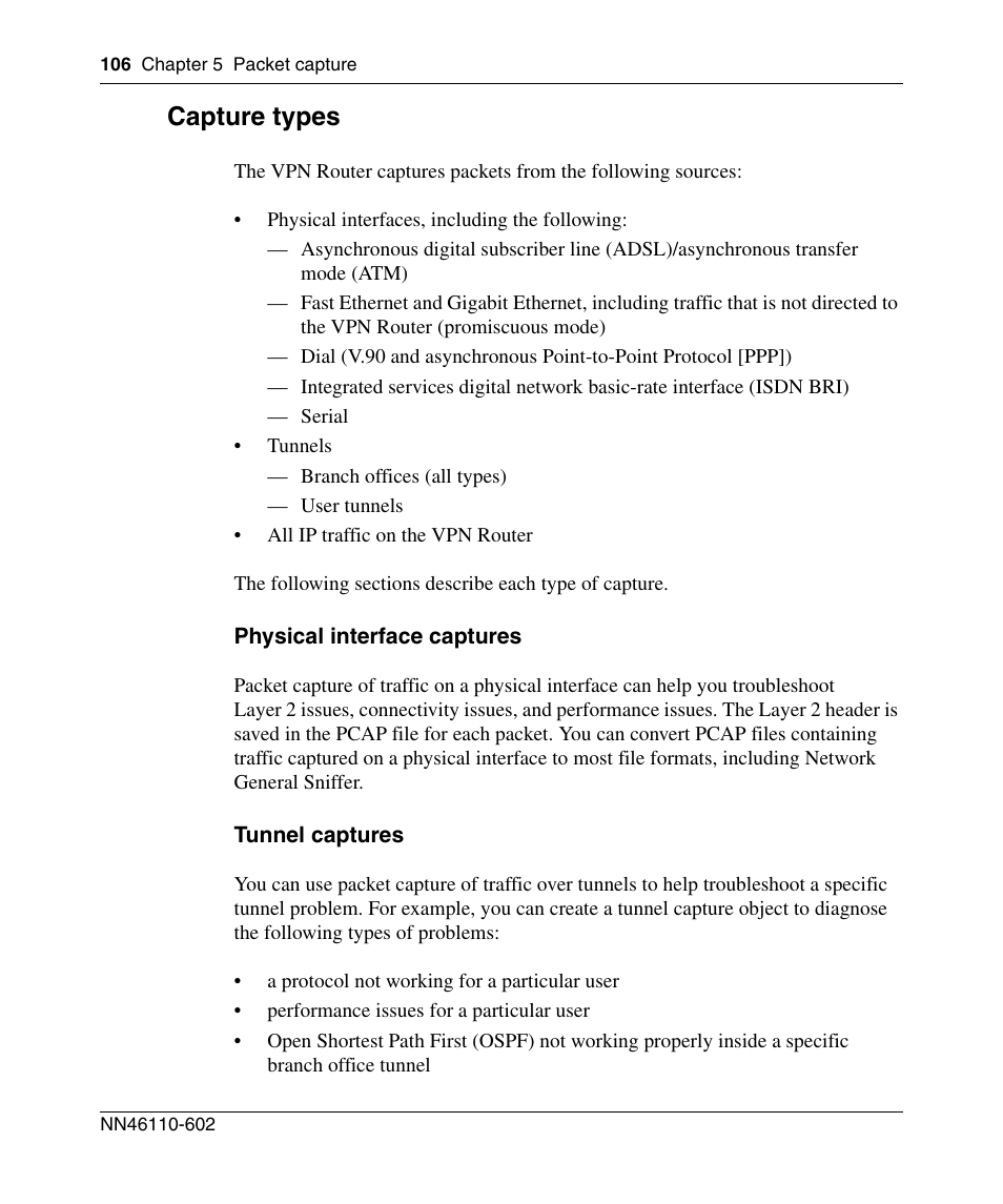 Capture types, Physical interface captures, Tunnel captures | Nortel Networks NN46110-602 User Manual | Page 106 / 230