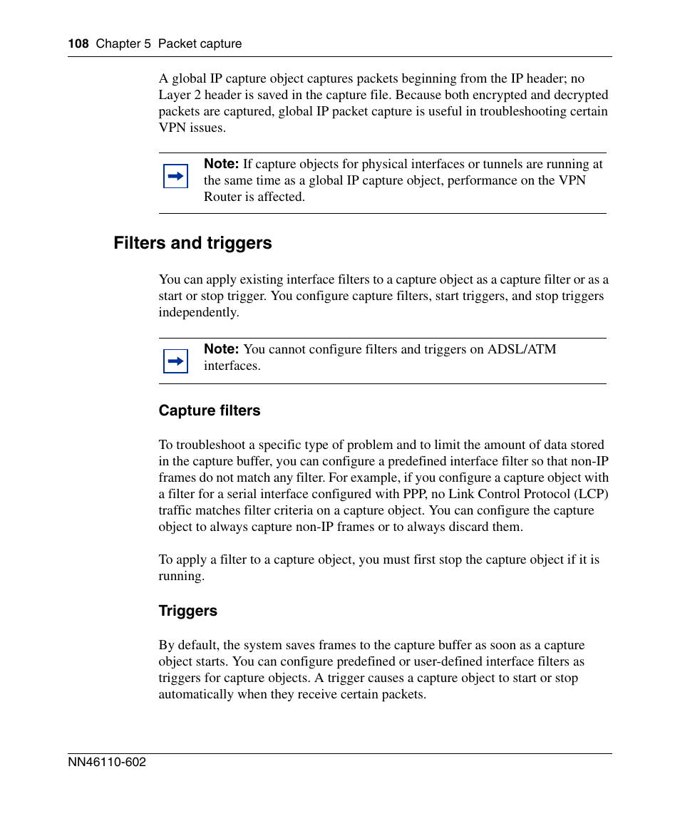 Filters and triggers, Capture filters, Triggers | Nortel Networks NN46110-602 User Manual | Page 108 / 230