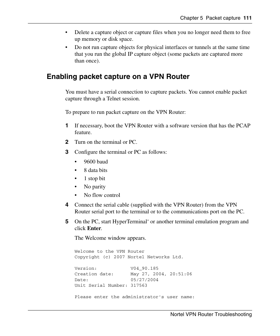 Enabling packet capture on a vpn router | Nortel Networks NN46110-602 User Manual | Page 111 / 230