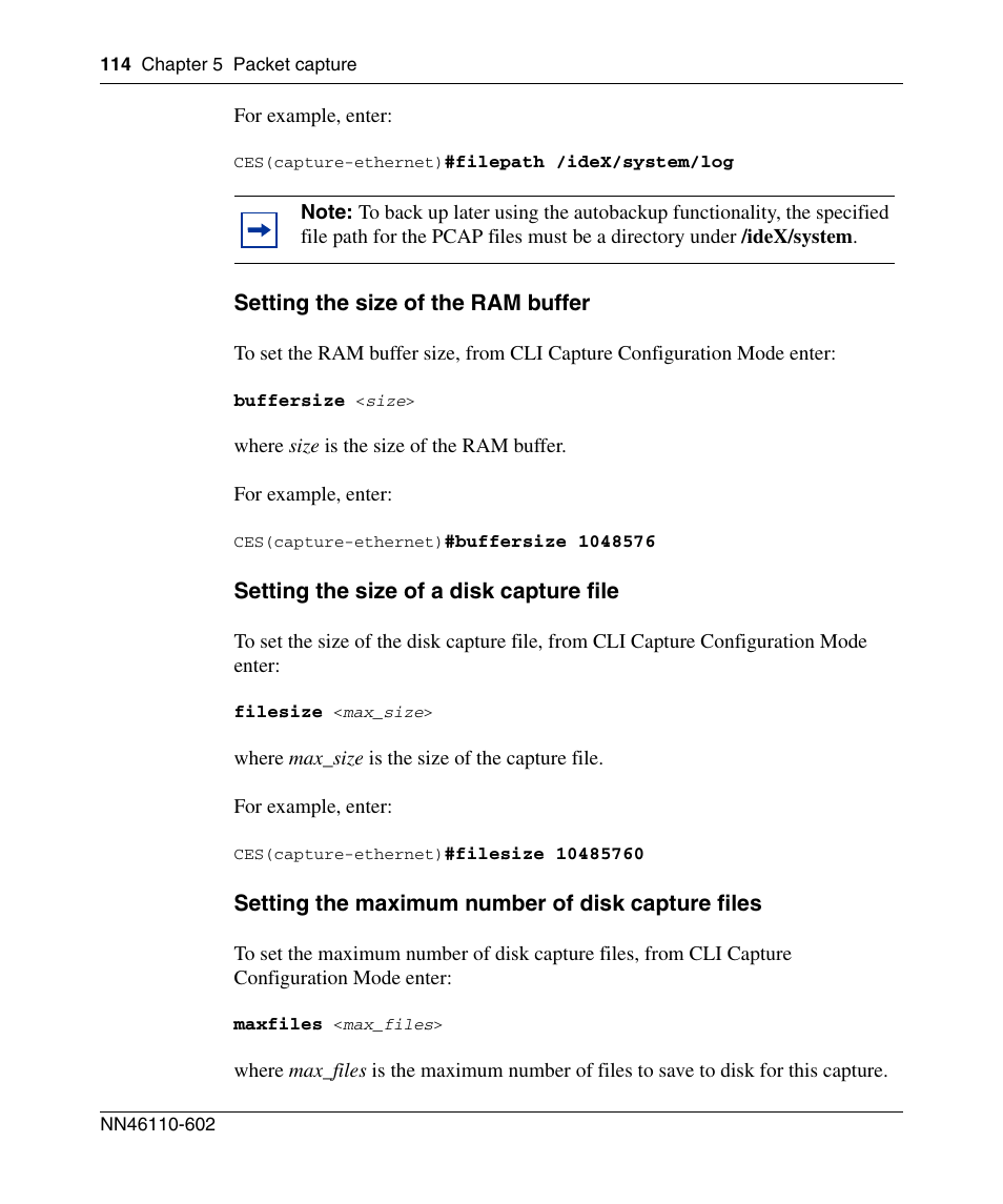 Setting the size of the ram buffer, Setting the size of a disk capture file, Setting the maximum number of disk capture files | Nortel Networks NN46110-602 User Manual | Page 114 / 230