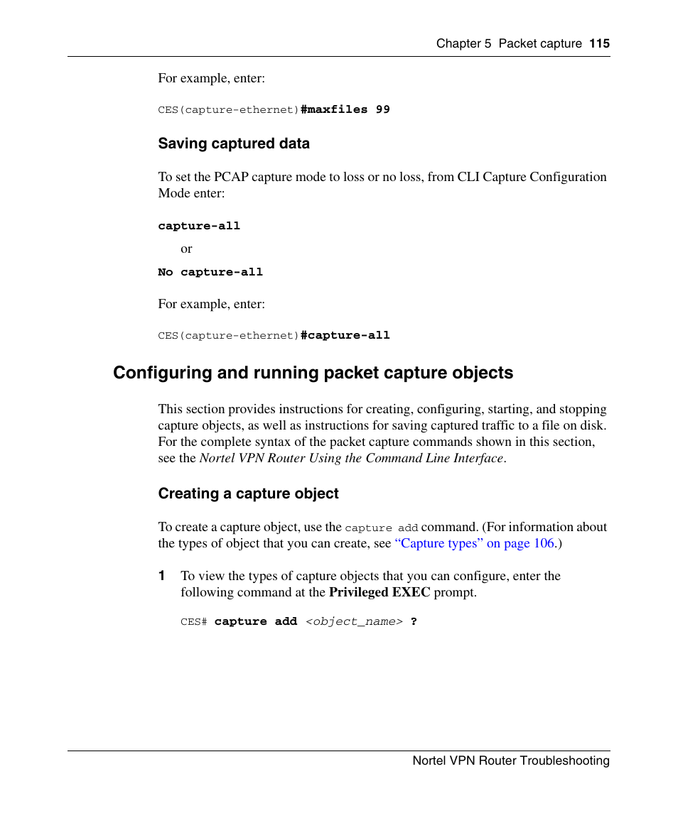 Saving captured data, Configuring and running packet capture objects, Creating a capture object | Nortel Networks NN46110-602 User Manual | Page 115 / 230