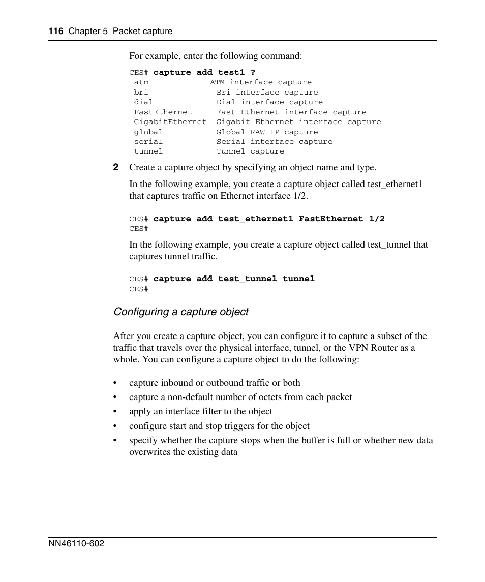 Configuring a capture object | Nortel Networks NN46110-602 User Manual | Page 116 / 230