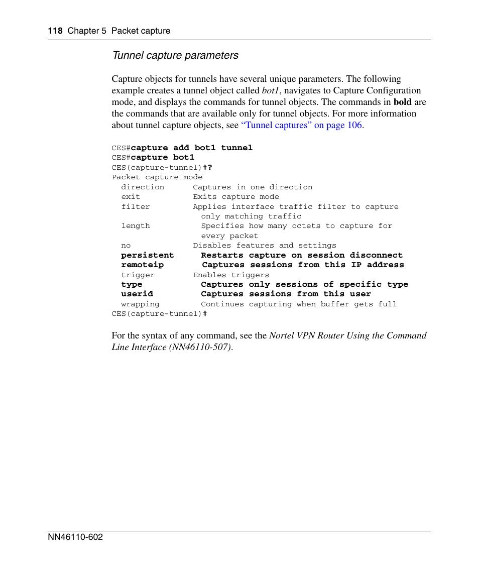 Tunnel capture parameters | Nortel Networks NN46110-602 User Manual | Page 118 / 230