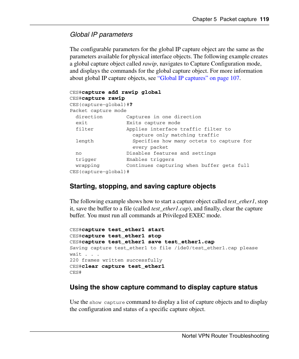 Starting, stopping, and saving capture objects, Global ip parameters | Nortel Networks NN46110-602 User Manual | Page 119 / 230